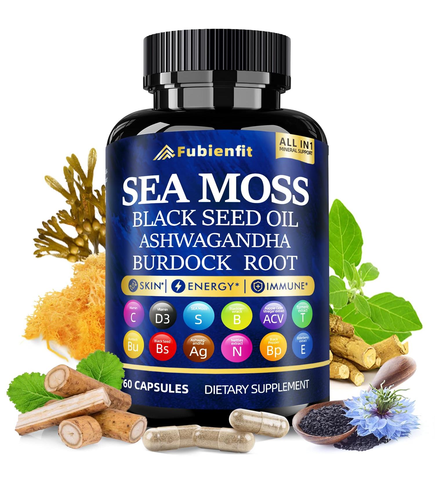 Fubienfit Organic Sea Moss Capsules - Contain seamoss Black Seed Oil ashwagandha Burdock Root Ginger & Essential Vitamins - Superfood for Immune Boost Digestive Health Overall Wellness 60 Capsules - Buy Online on GoSupps.com