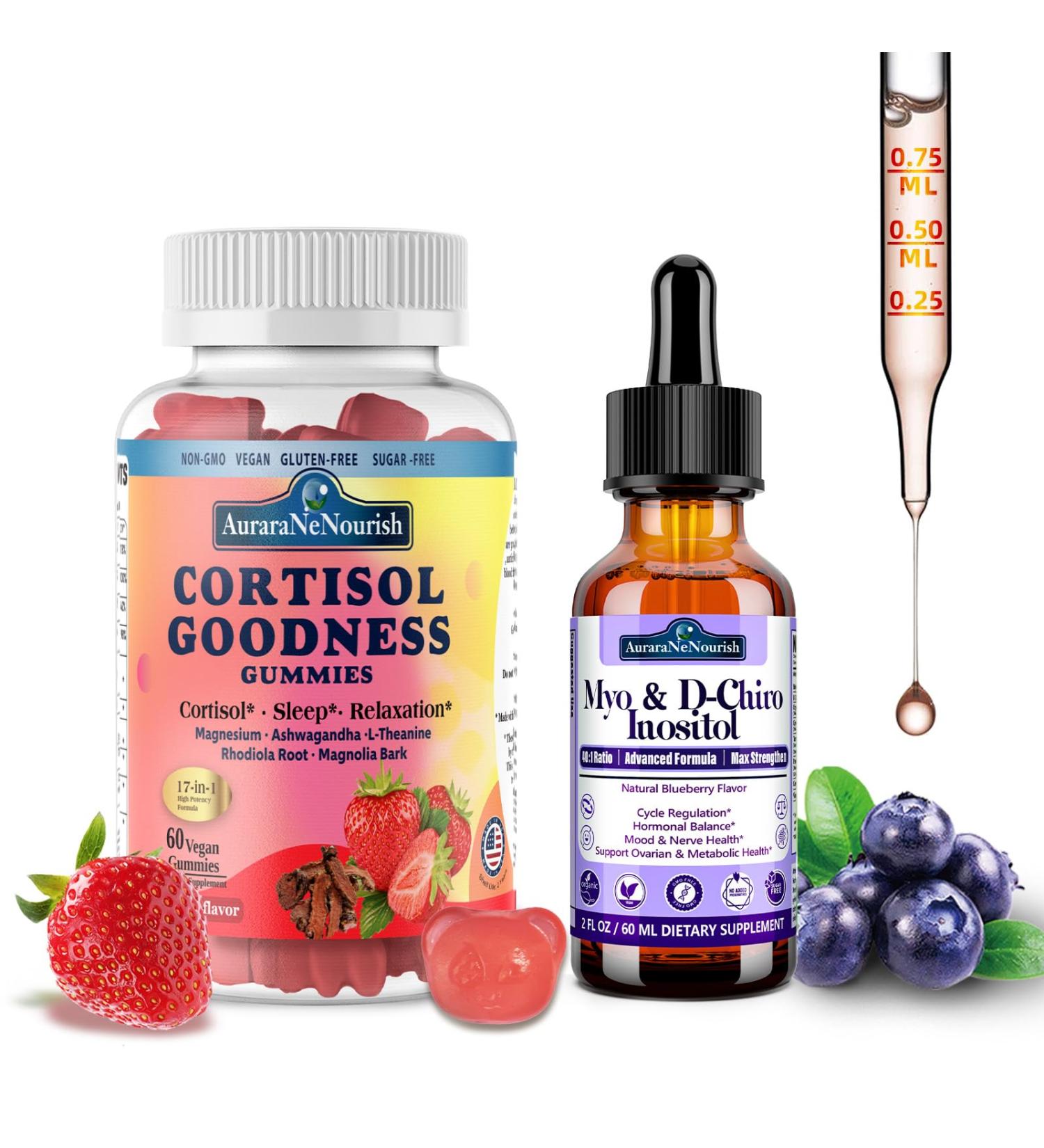 AuraraNeNourish 2 Pack Cortisol Supplement Gummies & Myo-Inositol & D-Chiro Inositol Drops for Women Men - Buy Online on GoSupps.com