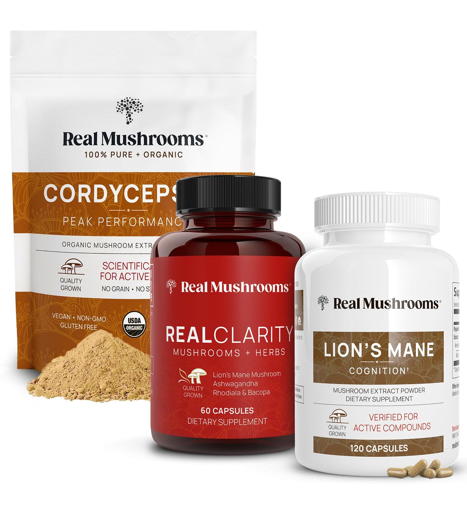 Real Mushrooms RealClarity (60ct) & Lions Mane (120ct) Capsules w/Cordyceps Powder Bundle - Mushroom Supplement for Mental Clarity Focus Cognition Energy & Vitality - Vegan Non-GMO - Buy Online on GoSupps.com