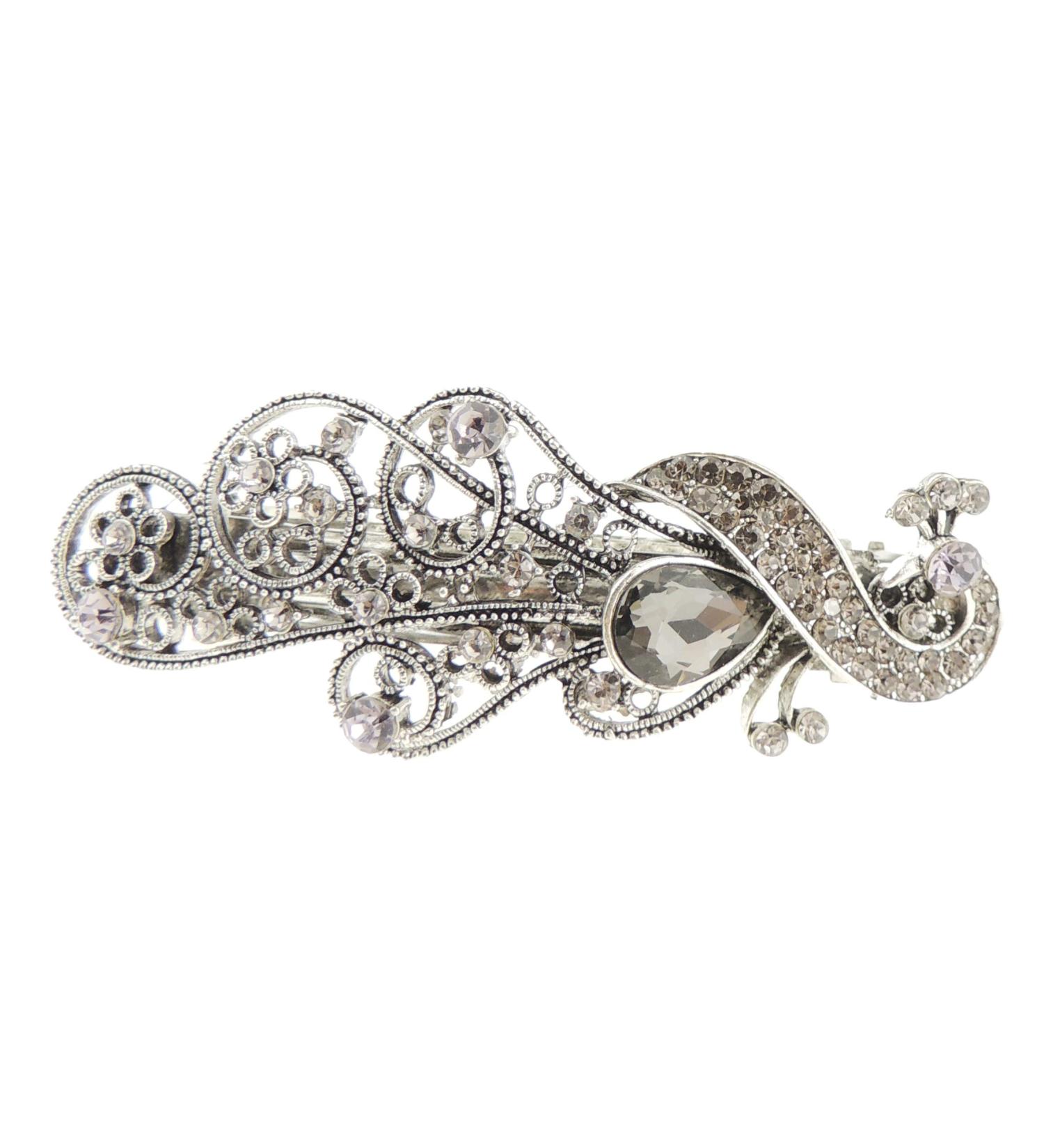 Womens Girls Crystal Rhinestone Diamante Wedding Birthday Party Evening Ponytail Fine Medium Hair Accessories Occasion Barrette Hairpin Silver Tone Metal French Spring Clip Peacock (Grey)