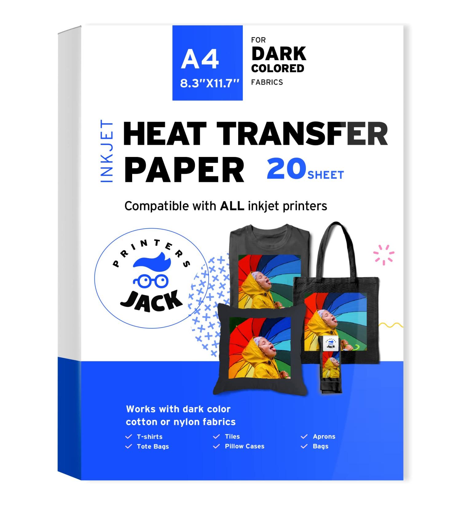 Printers Jack Iron-On Heat Transfer Paper for Dark Fabric 20 Pack - Long Lasting 8.3x11.7 T-Shirt Transfer Paper for Inkjet Printer - Wash Durable & No Cracking - 20 Sheets - Buy Online on GoSupps.com