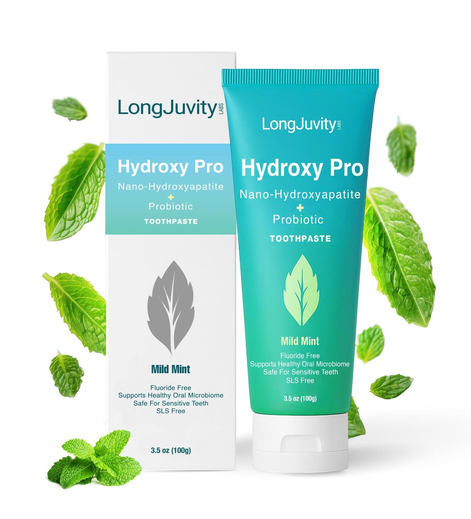 LongJuvity Hydroxy Pro Nano Hydroxyapatite Probiotic Toothpaste - Fluoride Free Toothpaste for Adults & Kids - Remineralizing for Sensitive Teeth & Gums - Mild Mint Flavor - USA Made Oral Care (3.5oz) - Buy Online on GoSupps.com