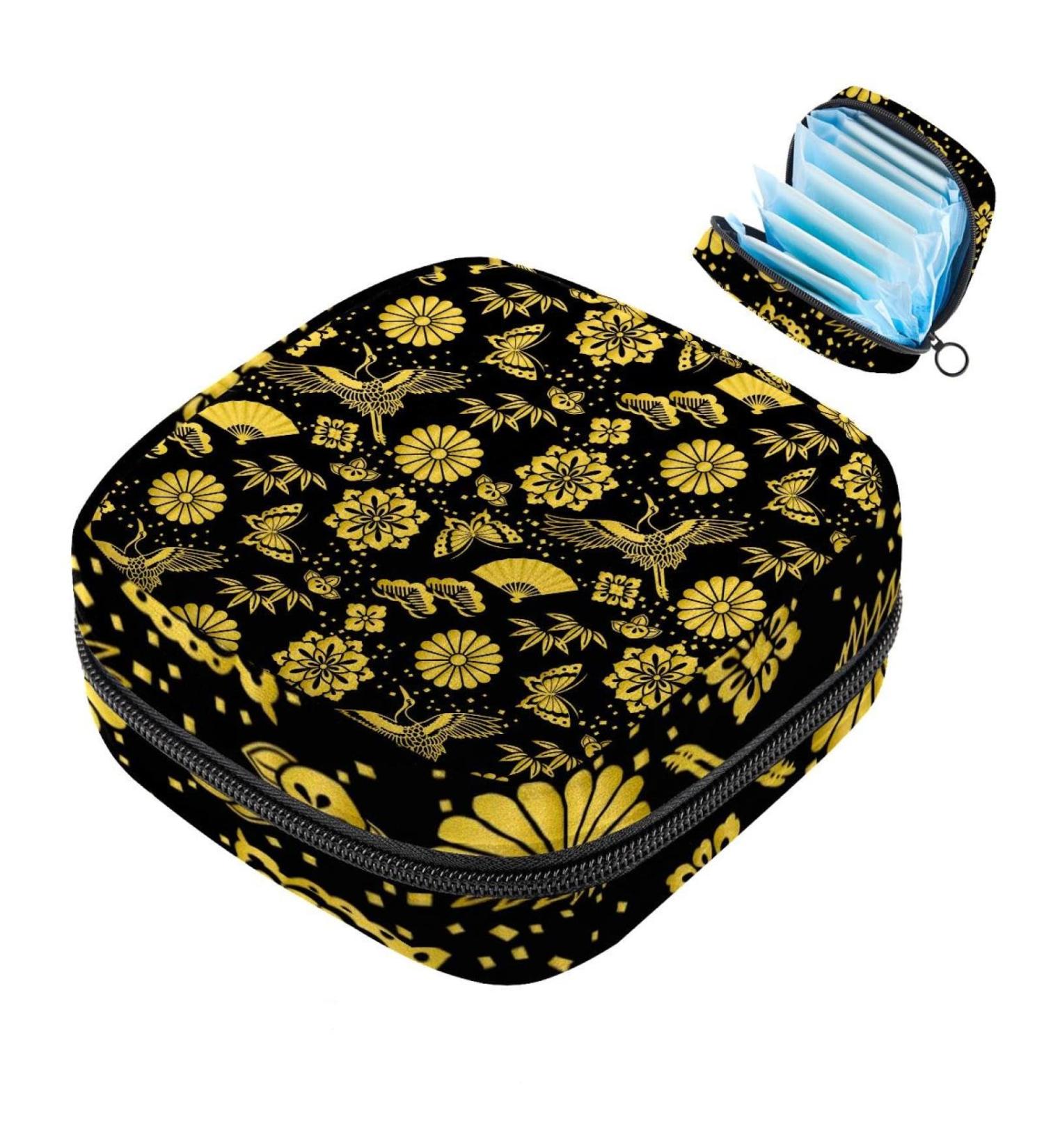 MUOOUM Menstrual Pad Bag | Zipper Sanitary Napkin Bag for Women Girls | Golden Crane Fan Flower Design | Multi-colored 6 - Buy Online on GoSupps.com