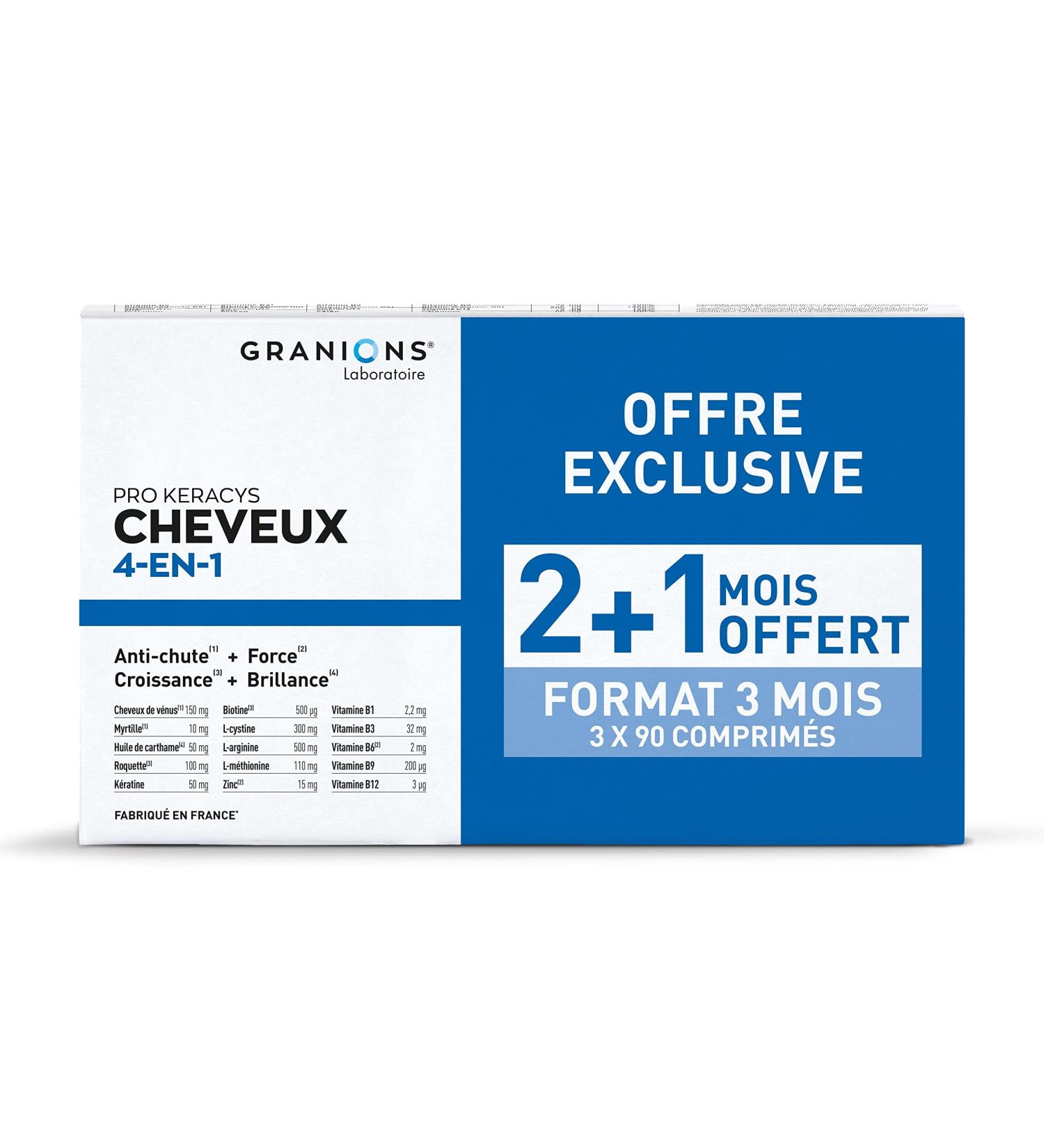 GRANIONS Pro Keracys 4-in-1 Anti-Hair Loss + Strength + Growth + Shine 3 Months Size: 2 x 90 Capsules + 90 Capsules Free Made in France - Buy Online on GoSupps.com
