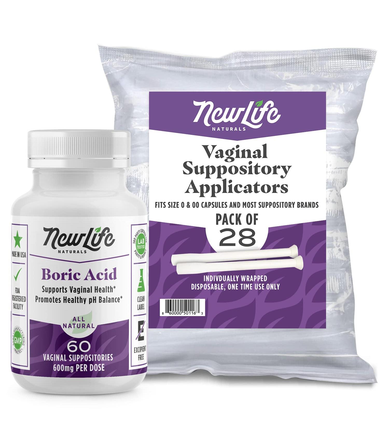NewLife Naturals Boric Acid Suppositories 600mg with Vaginal Applicators - 60 Suppositories & 28 Applicators - Yeast Infection & BV - USA - Buy Online on GoSupps.com