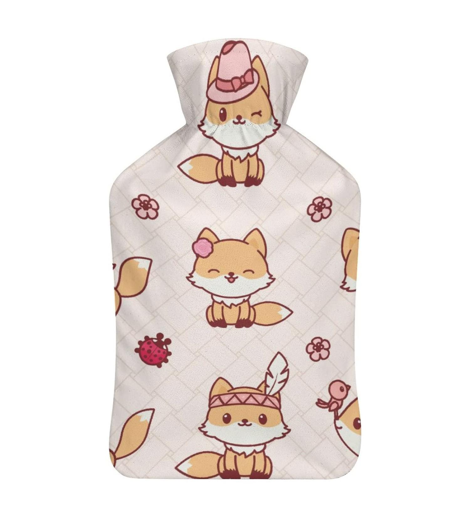 Hot Water Bottle with Lid - Fox Pattern Rubber Hot Water Bag for Pain Relief Cramps Foot Warmer & Therapy - Buy Online on GoSupps.com