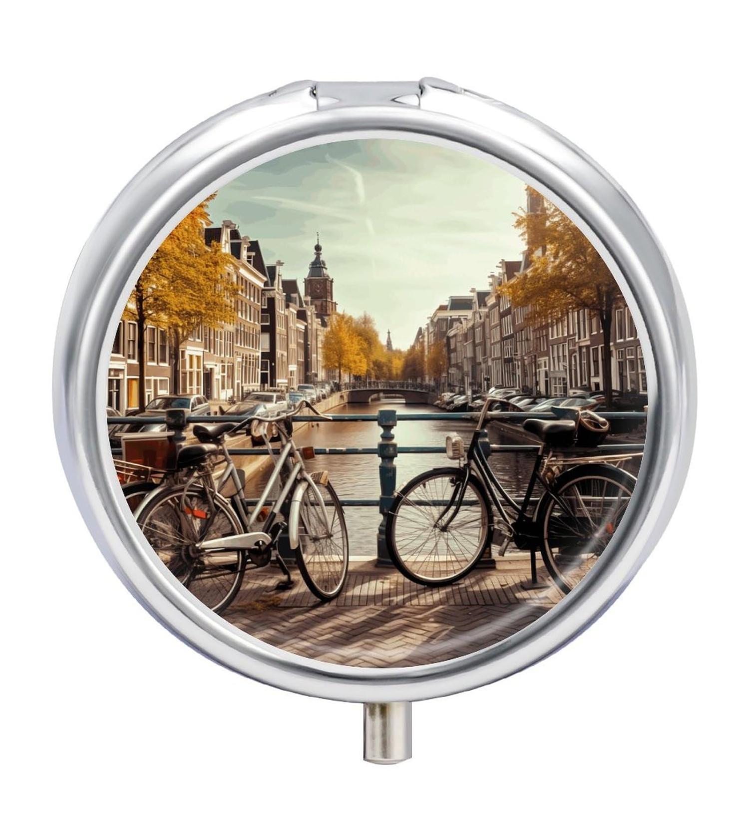 Round Pill Box with Amsterdam Bicycle Print | 3 Compartment Decorative Metal Pill Organizer | Portable Pocket Pill Case - Buy Online on GoSupps.com