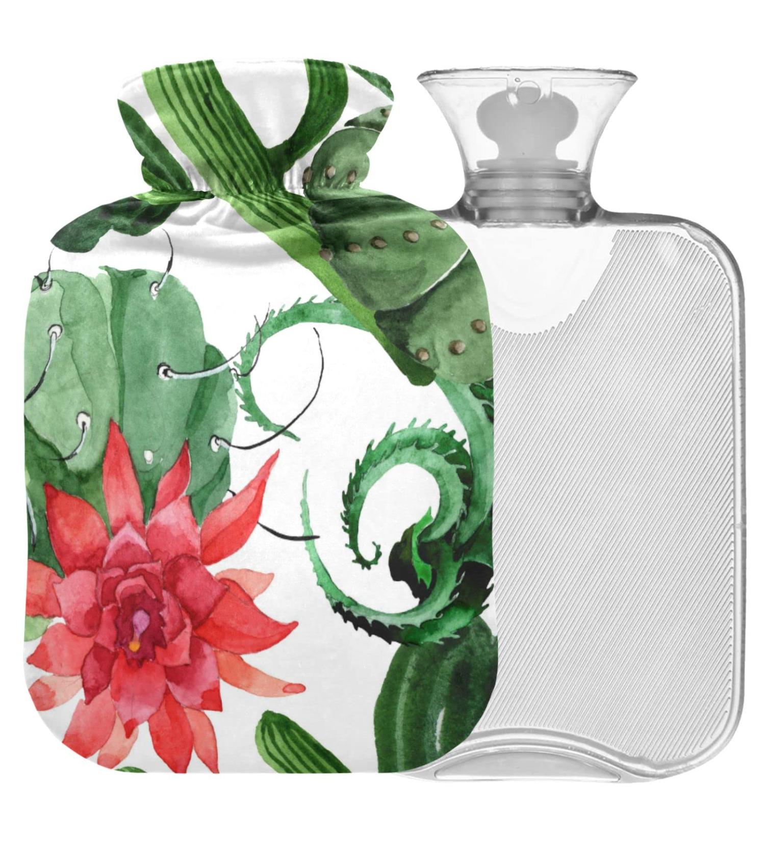 NAANLE 2L Transparent Hot Water Bottle - Green Cactus Flowers for Menstrual Cramps Pain Relief & Heat Therapy - International Shipping - Buy Online on GoSupps.com