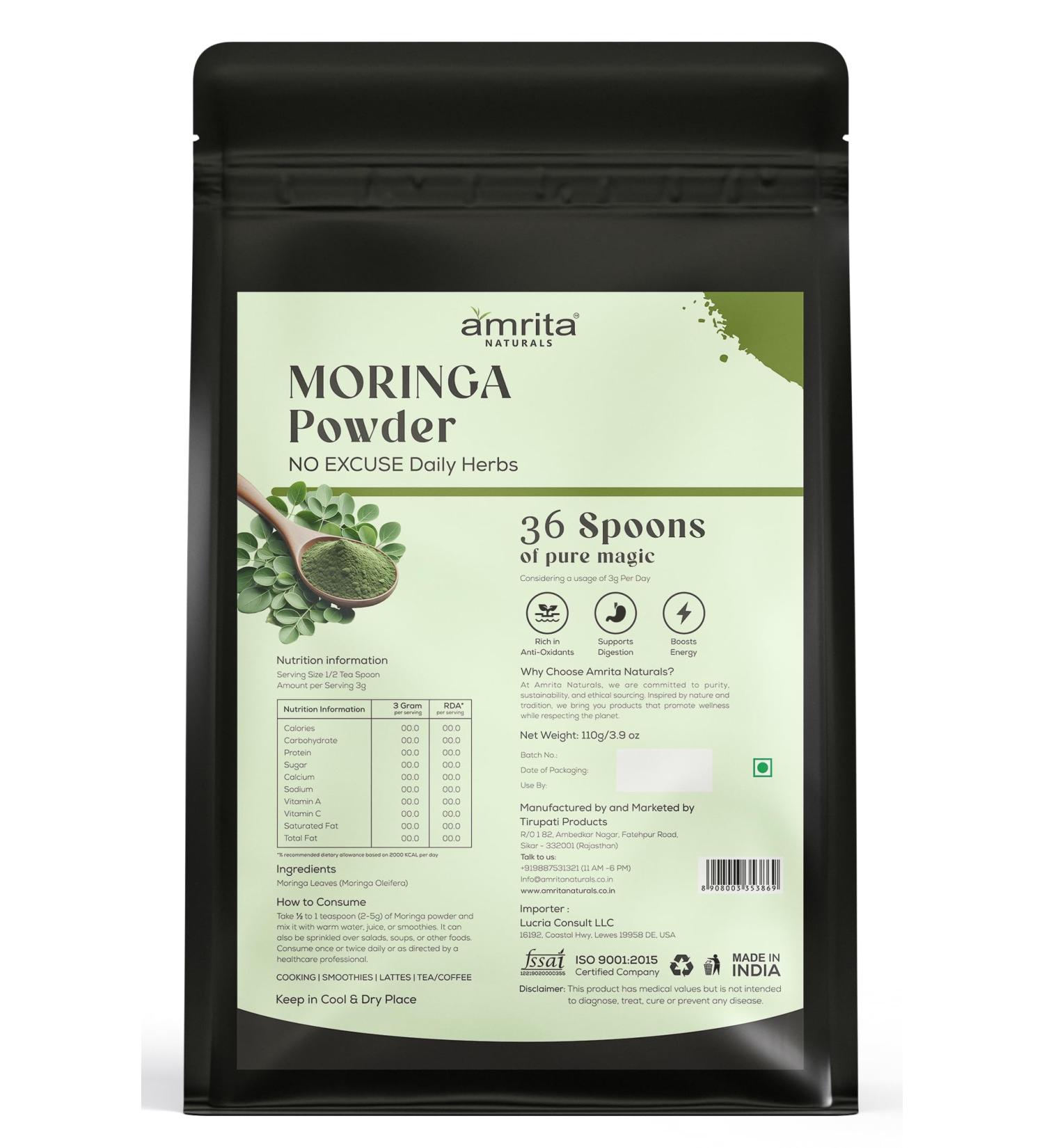 Amrita Naturals Moringa Powder | 110g | 100% Pure & Natural | Raw Moringa Oleifera Leaf Powder | Daily Green Superfood for Smoothies Juices & Wellness Drinks | No Additives | Vegan & Gluten-Free - Buy Online on GoSupps.com