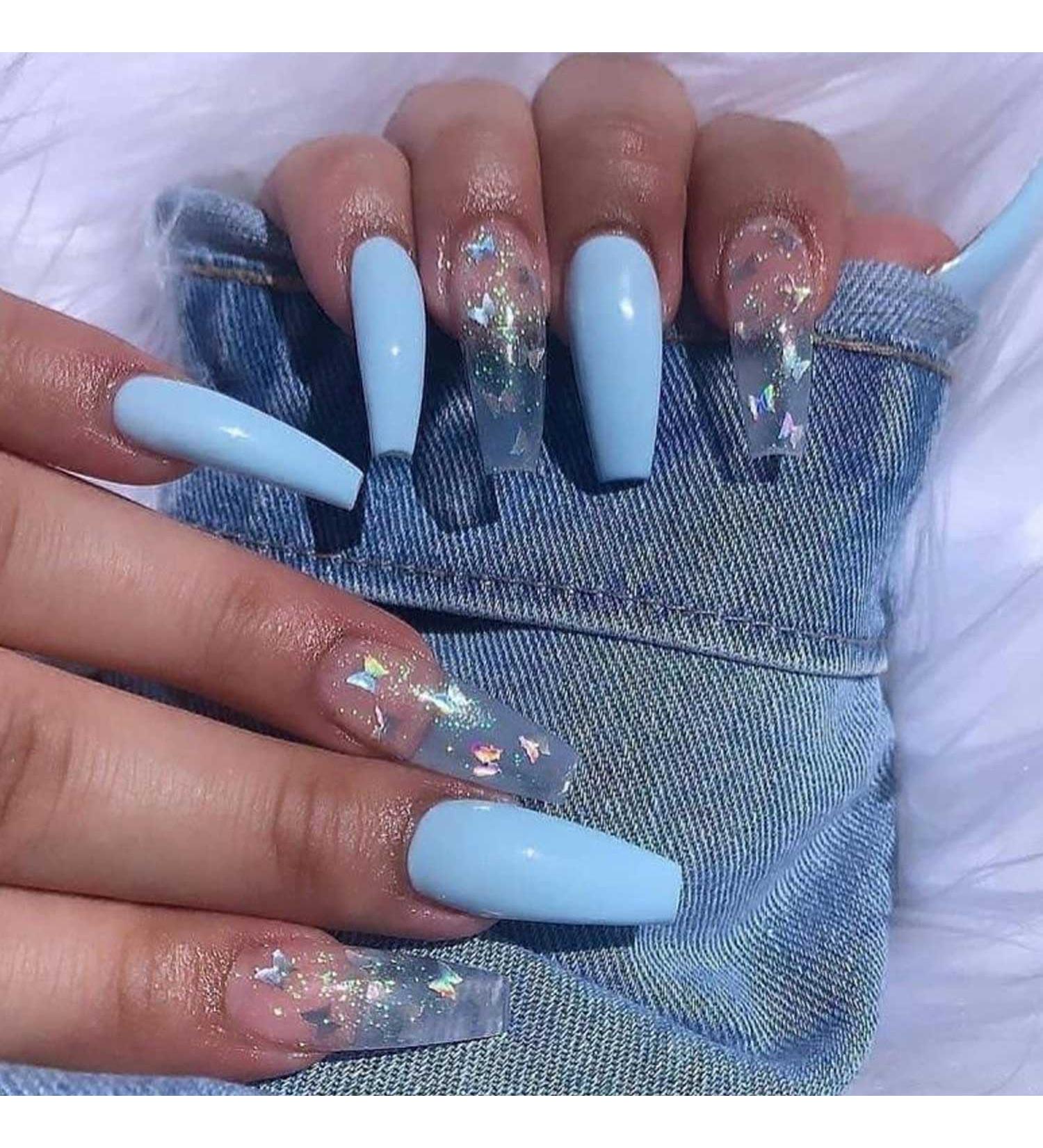 Handcess Long Glossy Blue Coffin Ballerina Press-On Nails 24PC Butterfly Acrylic Art for Women & Girls - Buy Online on GoSupps.com