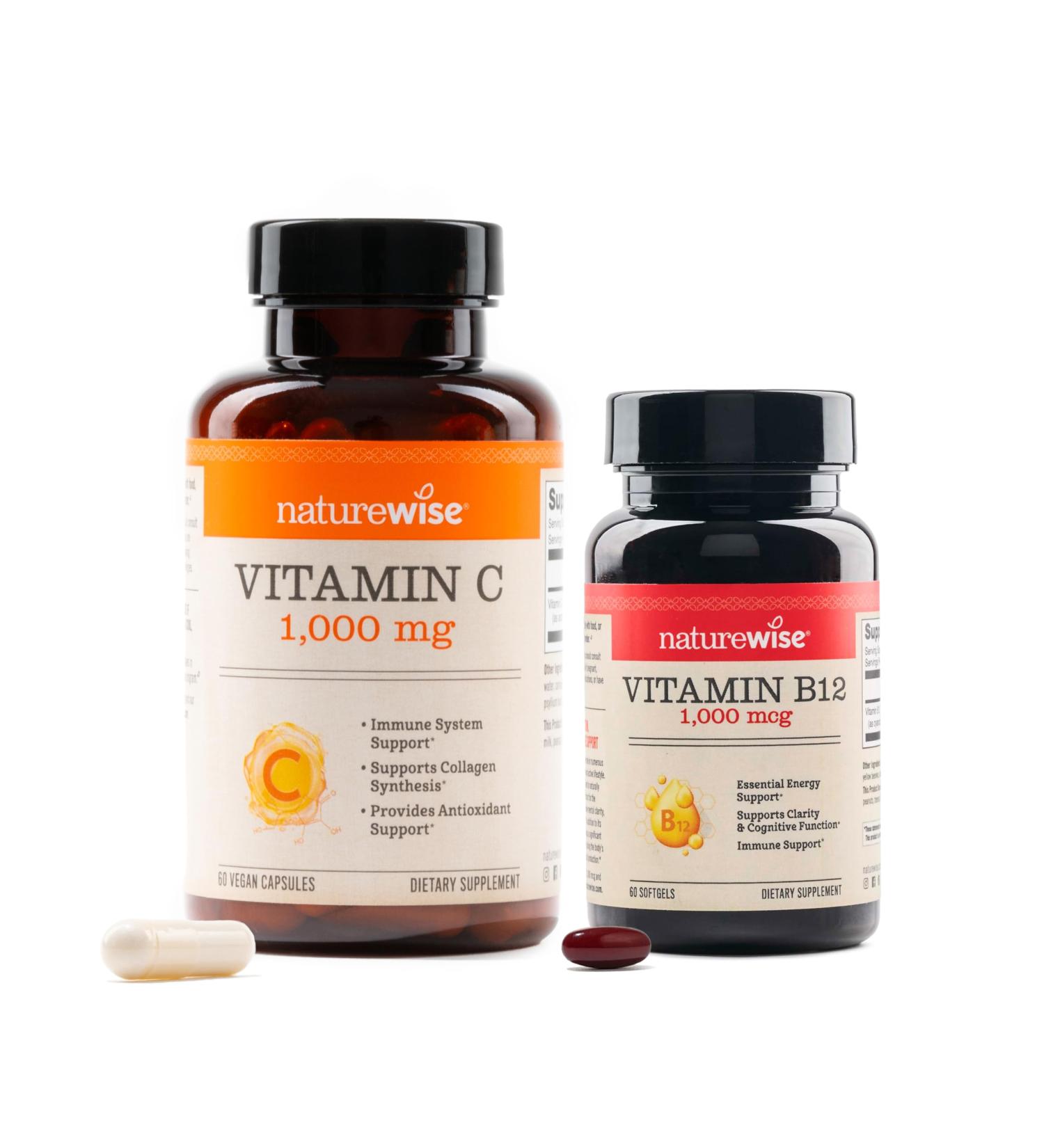 NatureWise 1 Vitamin C 1000mg - Extra Strength - Vegan Non-GMO 60 Capsules 60-Day Supply + 1 Vitamin B12 1000 mcg - Gluten-Free Non-GMO - 60 Softgels 60-Day Supply  - Buy Online on GoSupps.com