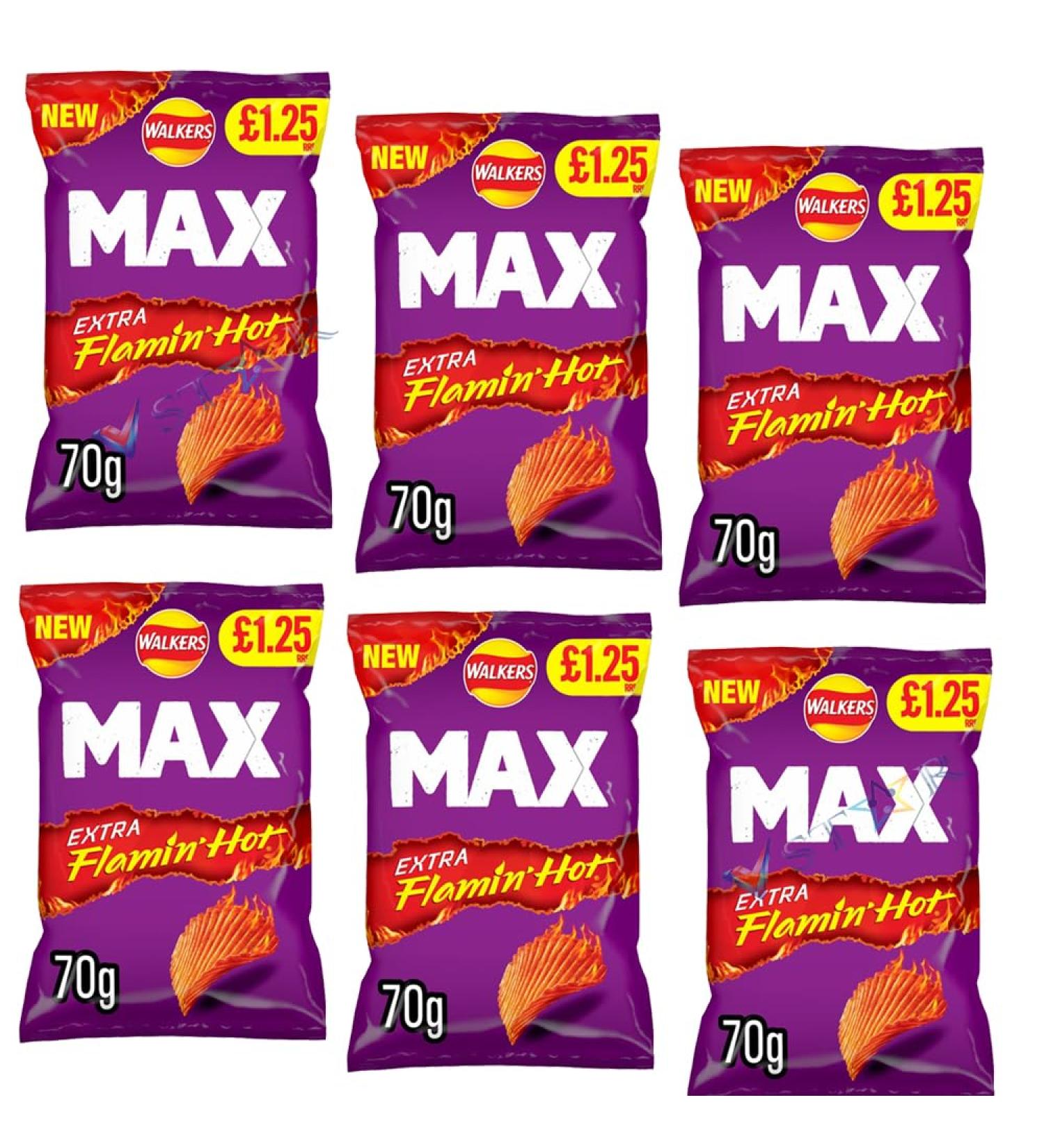 Walkers New Extra Flamin' Hot Snacks Extra Hot Xtra Spicy Crisps Multipacks PM 1.25 (Pack of 6 Walkers Max Extra Flamin Hot)