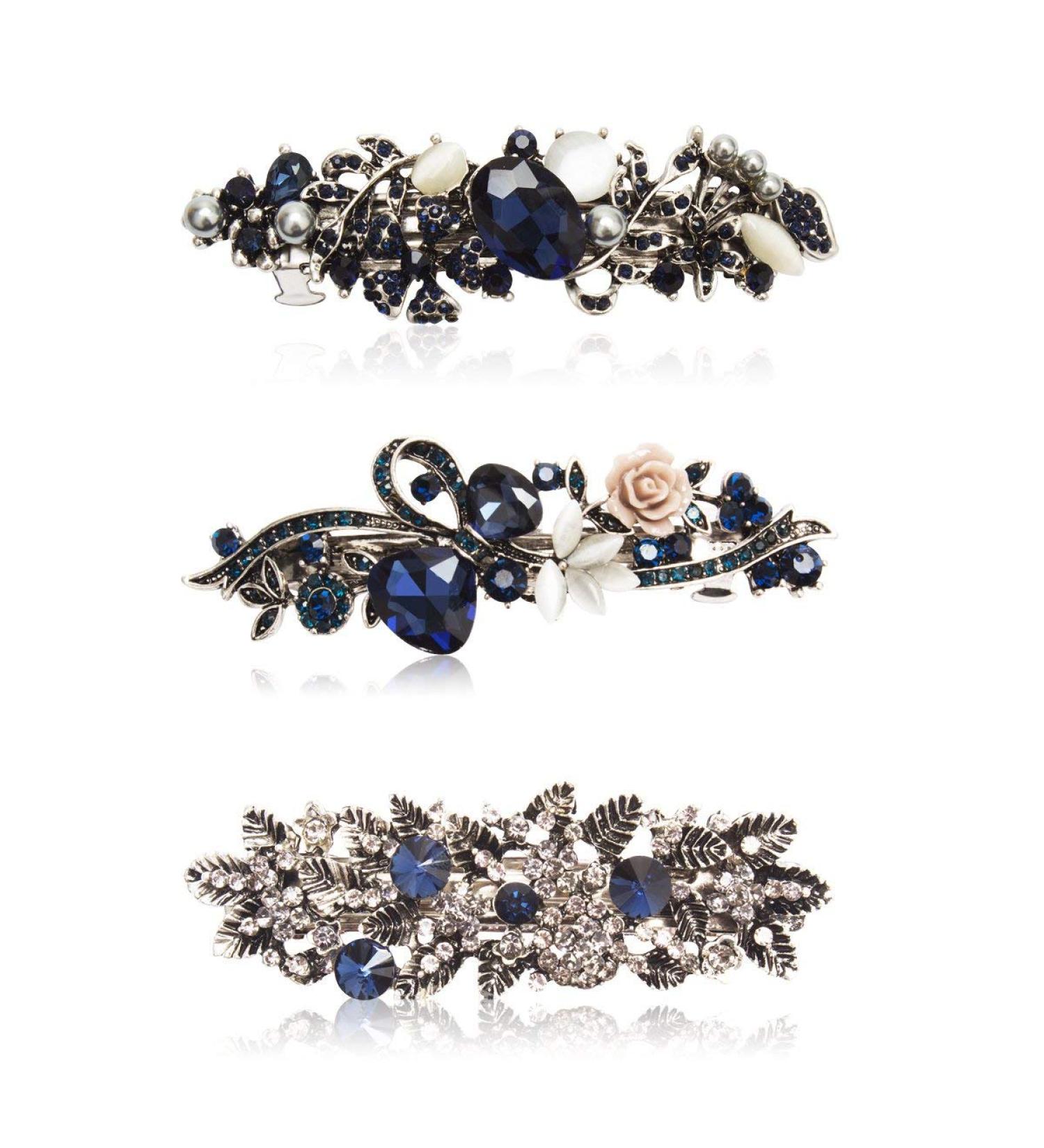Kicosy Vintage Rhinestone Hair Barrettes 3 Pack - Metal Flower Butterfly French Clip - Black and Navy Blue Pattern - Women's Hair Accessories - Buy Online on GoSupps.com