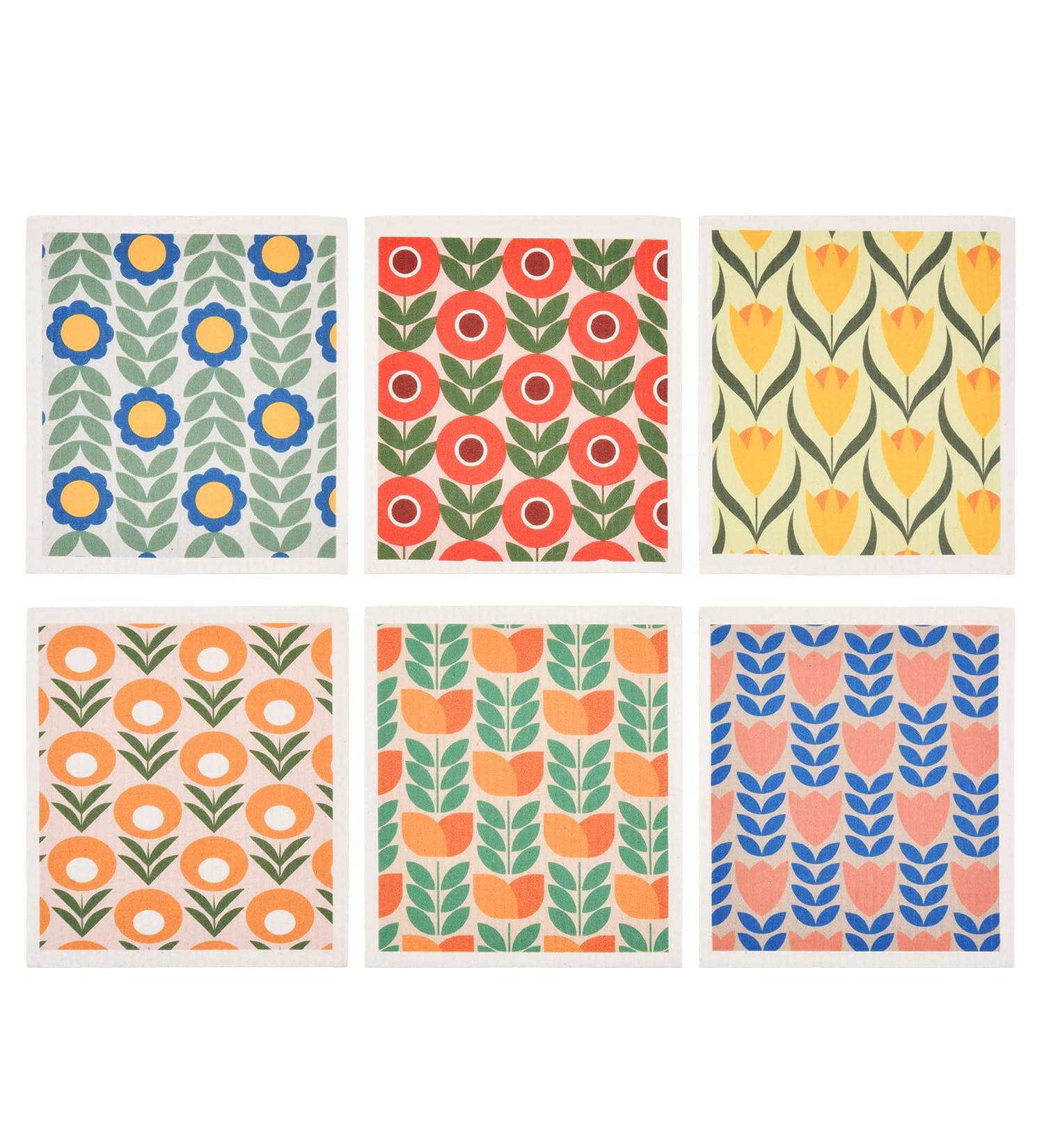 Set of 6 Kitchen Nordic Retro Flower Swedish Dishcloths Cleaning Cloths Strong Absorbent Quick Drying Dish Towels Reusable Cloths for Counter Wipes Art Deco (Retro Flower) - Buy Online on GoSupps.com