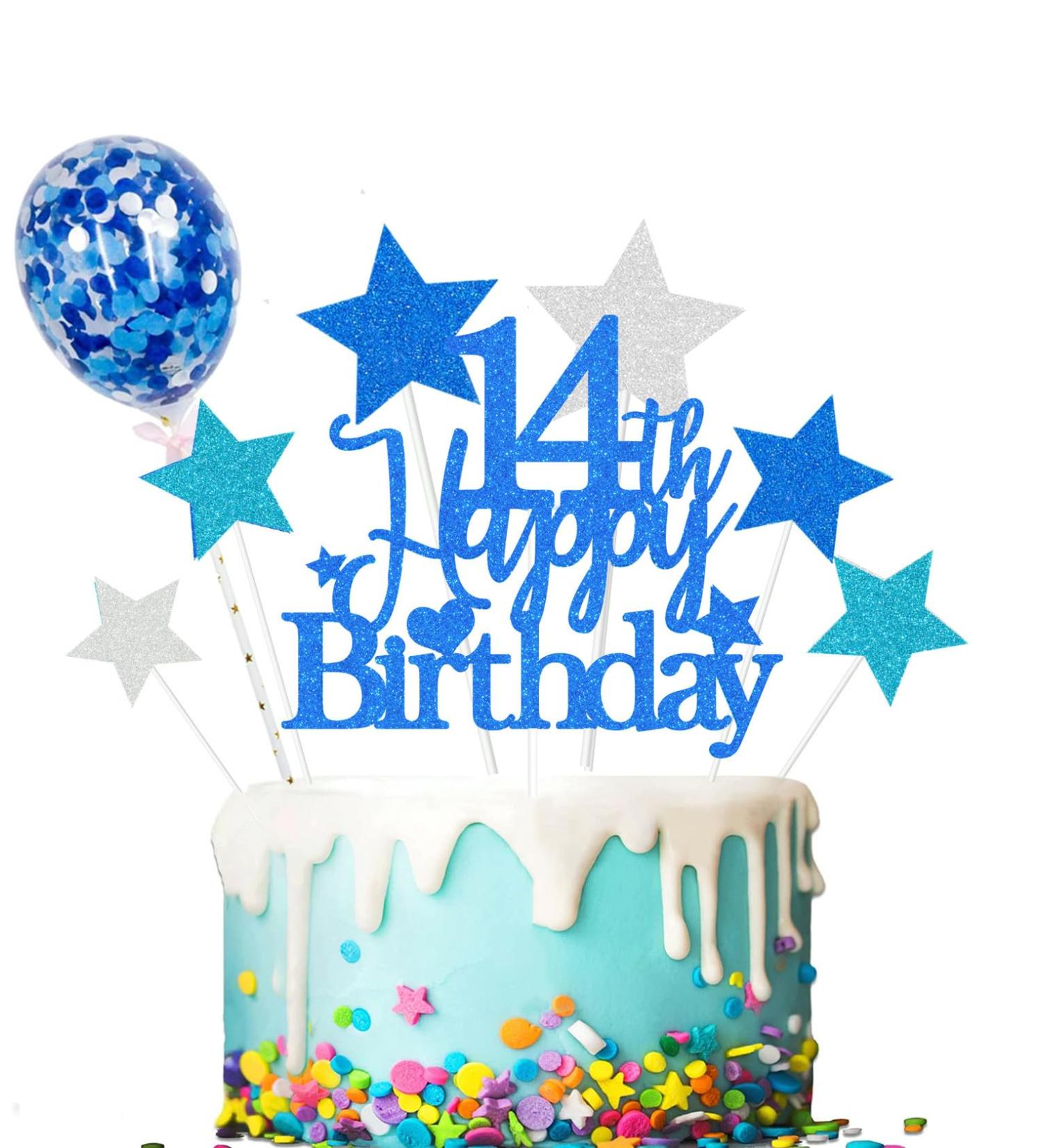 Elicola 14th Birthday Cake Toppers Blue Happy 14th Happy Birthday Cake Topper Glitter with Star Topper and Confetti Balloons for fourteen Years Old Mens Boys Birthday Party Decoration Supplies Blue - Buy Online on GoSupps.com
