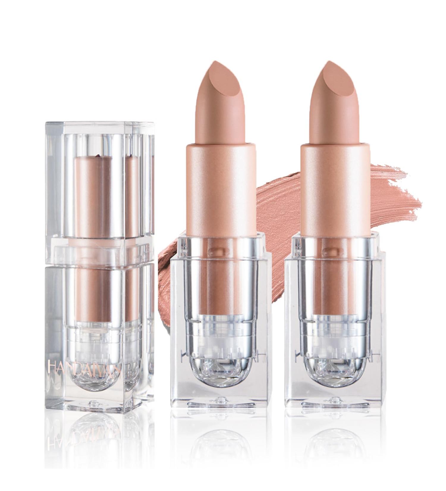 2PCS Nude Matte Lipstick Set - Velvety Smooth Non-Stick Cup Lip Stain & Lip Gloss - Perfect Makeup Gift for Women - 607 White Peach - Buy Online on GoSupps.com