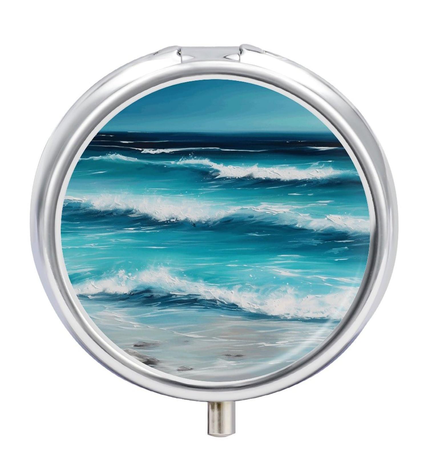 Round Pill Box - Turquoise Beach Seascape Print | 3 Compartment Decorative Metal Portable Pill Organizer - Buy Online on GoSupps.com