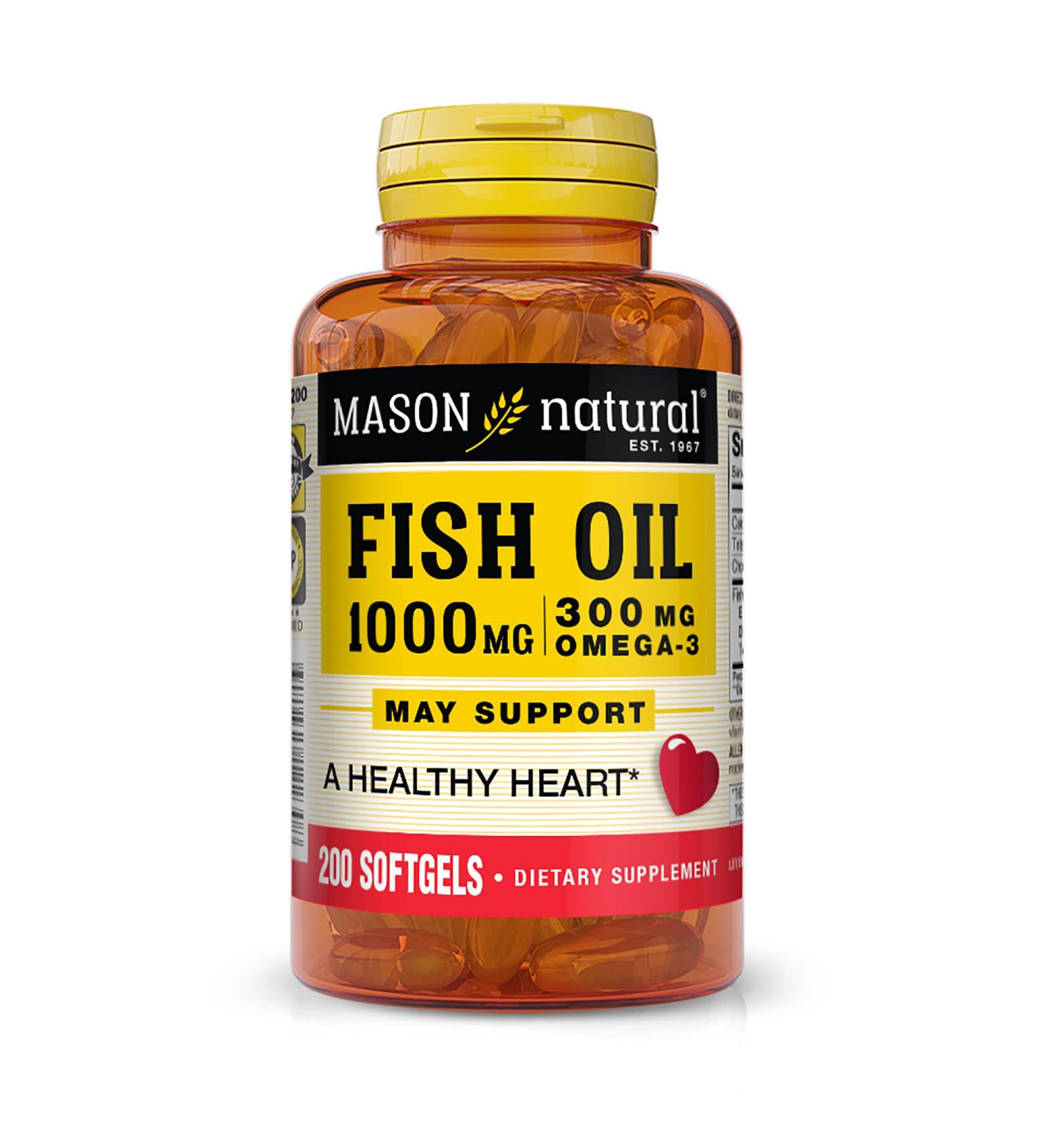 MASON NATURAL Fish Oil 1000mg | 300mg Omega-3 | Heart Health Support | Circulatory Function | Cardiovascular Health | 200 Softgels - Buy Online on GoSupps.com