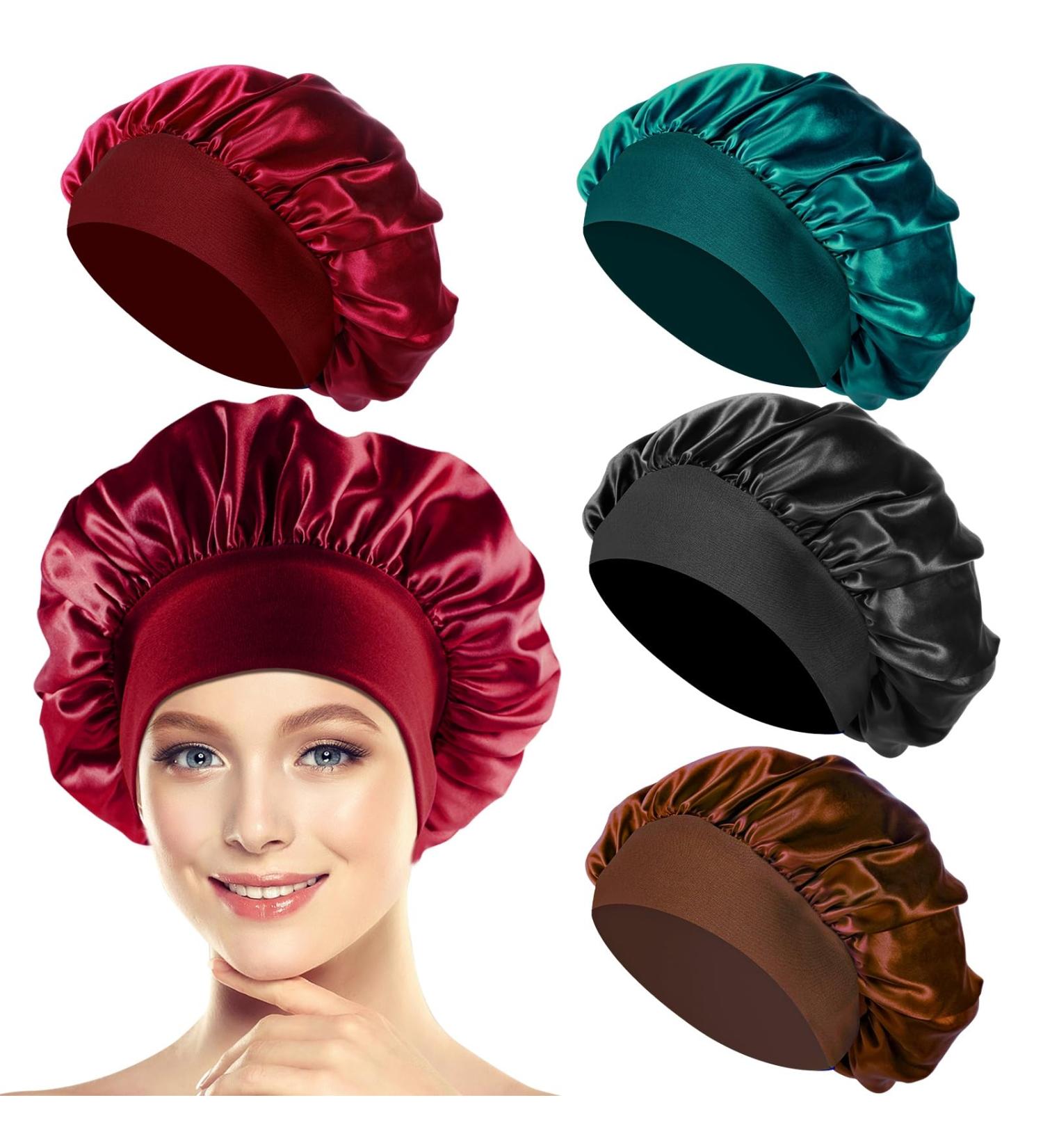 Paefiu 4-Piece Silk Sleeping Hood Set for Women & Girls Breathable Hair Bonnets in Black Red Cyan & Coffee - Buy Online on GoSupps.com
