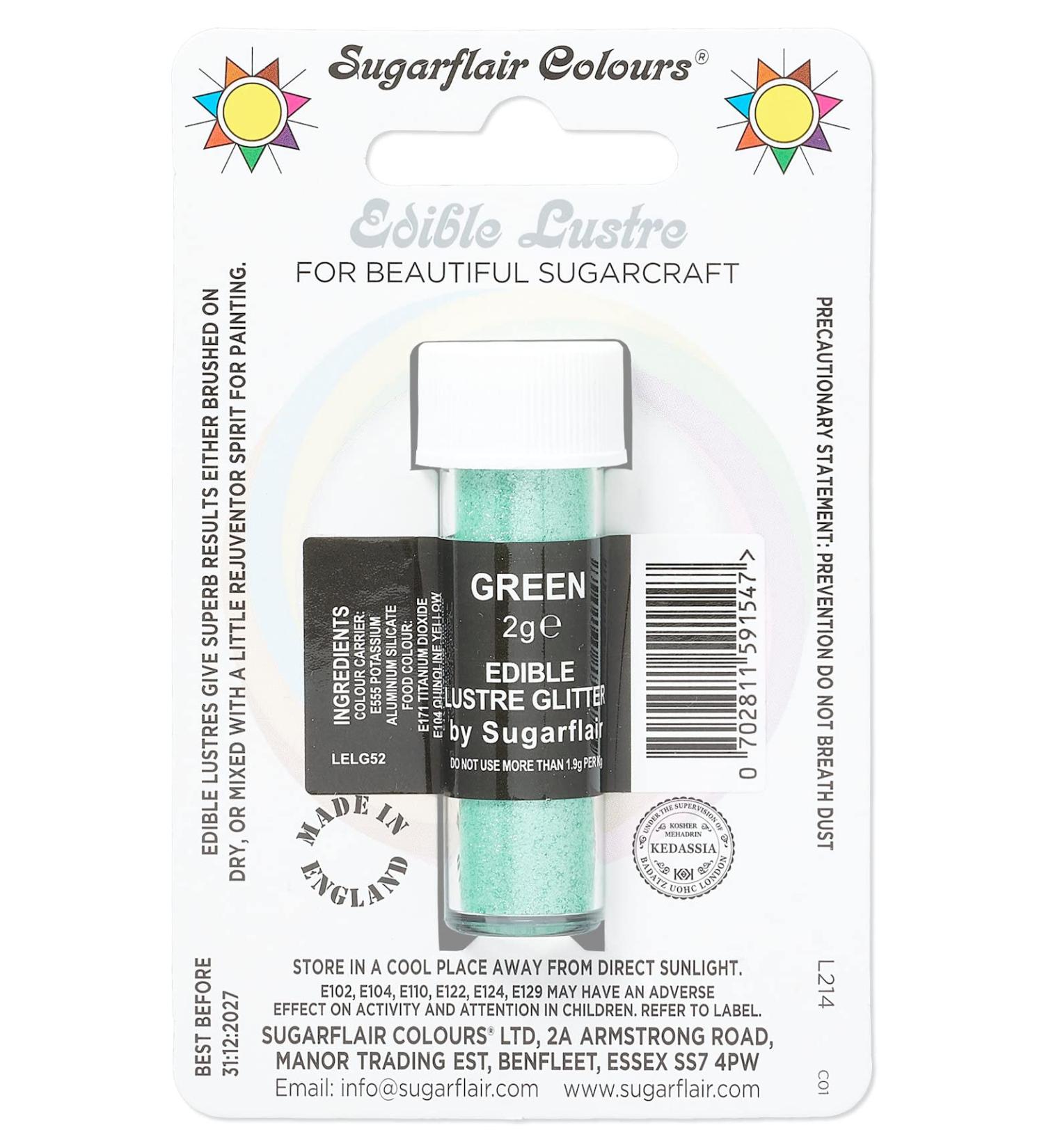 Sugarflair Green Edible Lustre Glitter Add a Lustrous Shine to Cakes or Decorations. Brush On or Add Rejuvenator to Create Eye-Catching Edible Paint - 2g