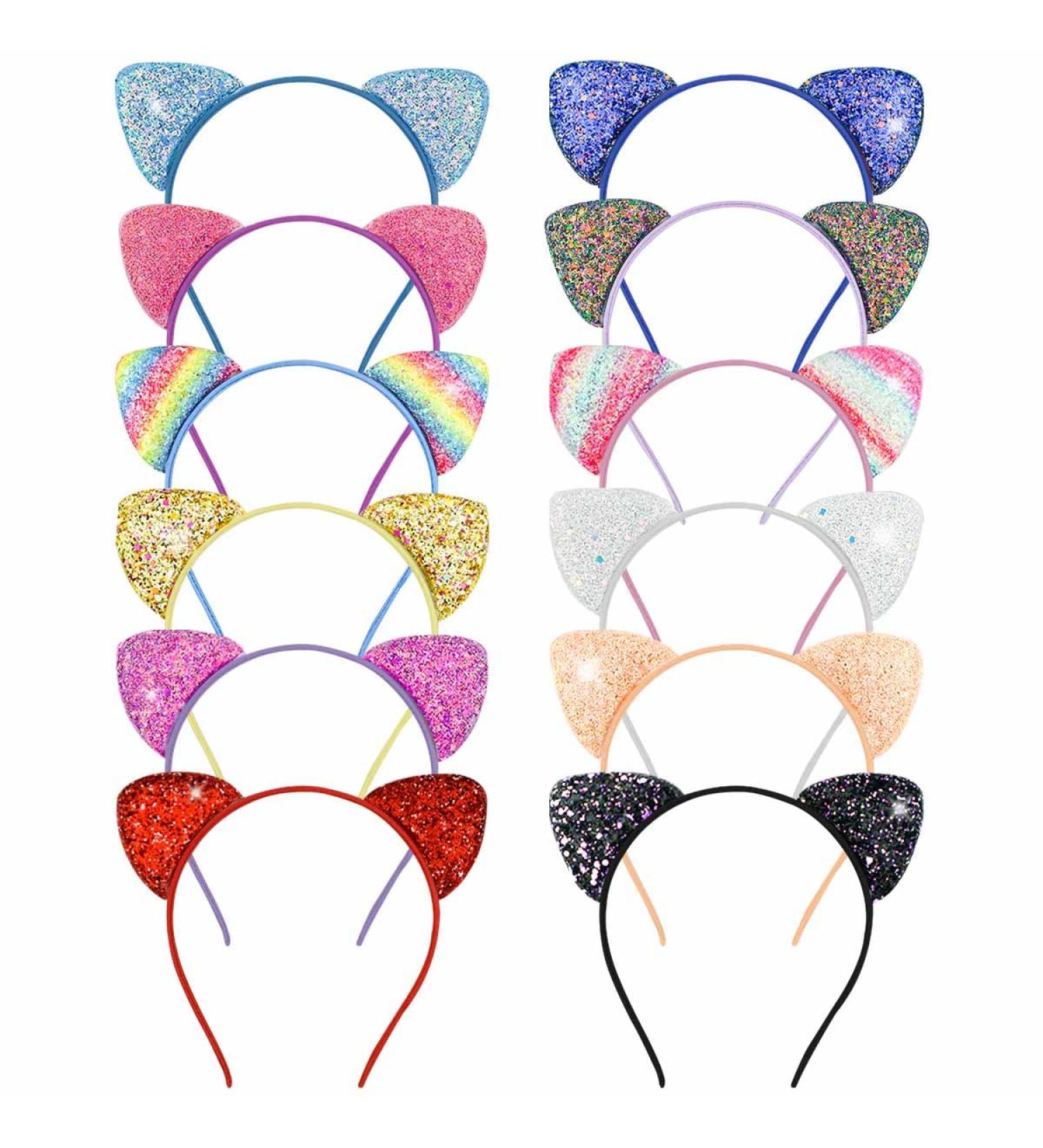 12 Pack Sequin Cat Ears Headband for Girls and Women - Glitter Kitty Ear Hair Hoops (Multicolor) - Ideal for Daily Wear and Party Decor - Buy Online on GoSupps.com