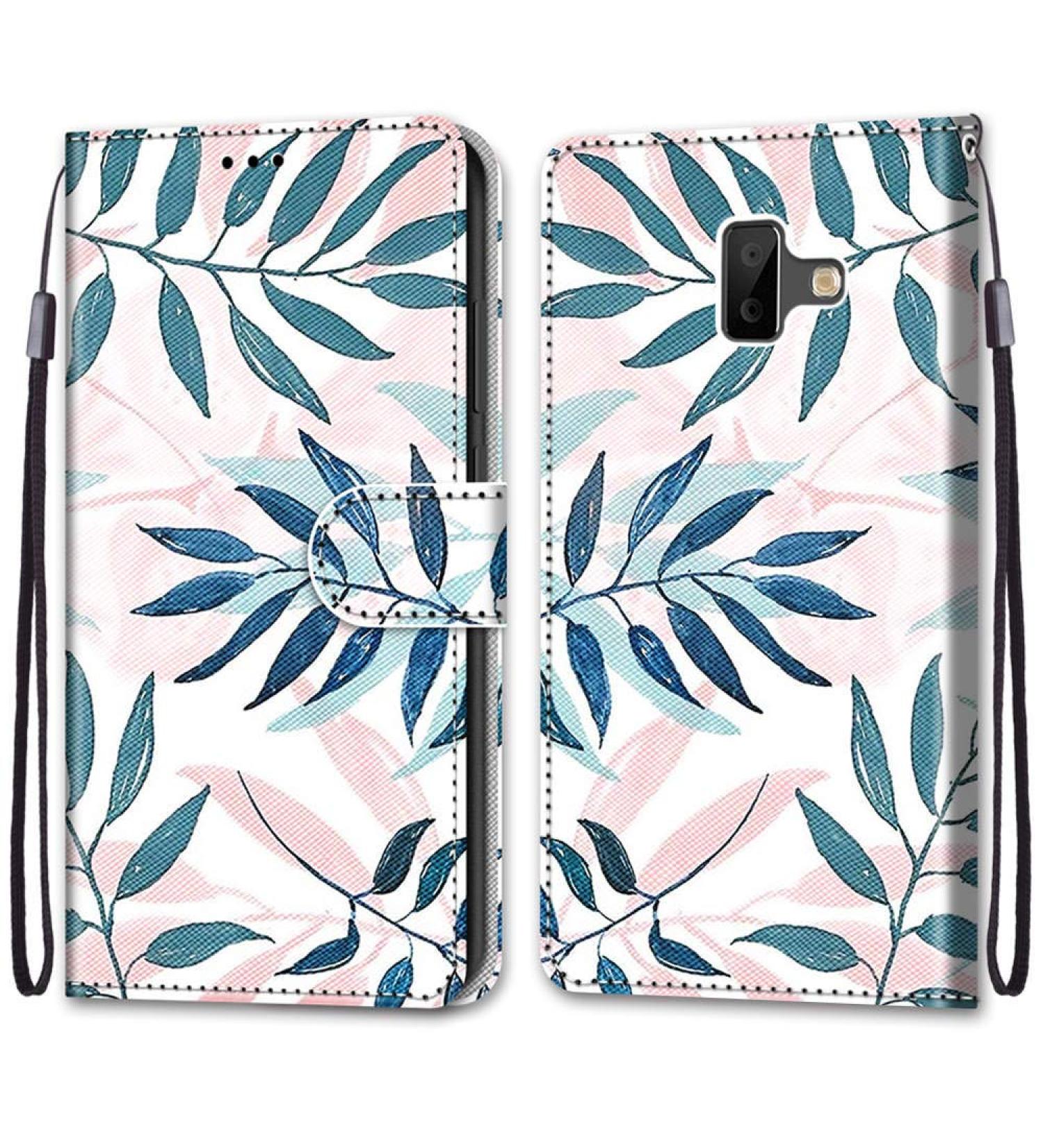 Nadoli Leather Mobile Phone Case for Samsung Galaxy J6 Plus - Colorful Pink Green Leaves Wallet with Card Compartment Magnetic Stand Protective Cover - Buy Online on GoSupps.com