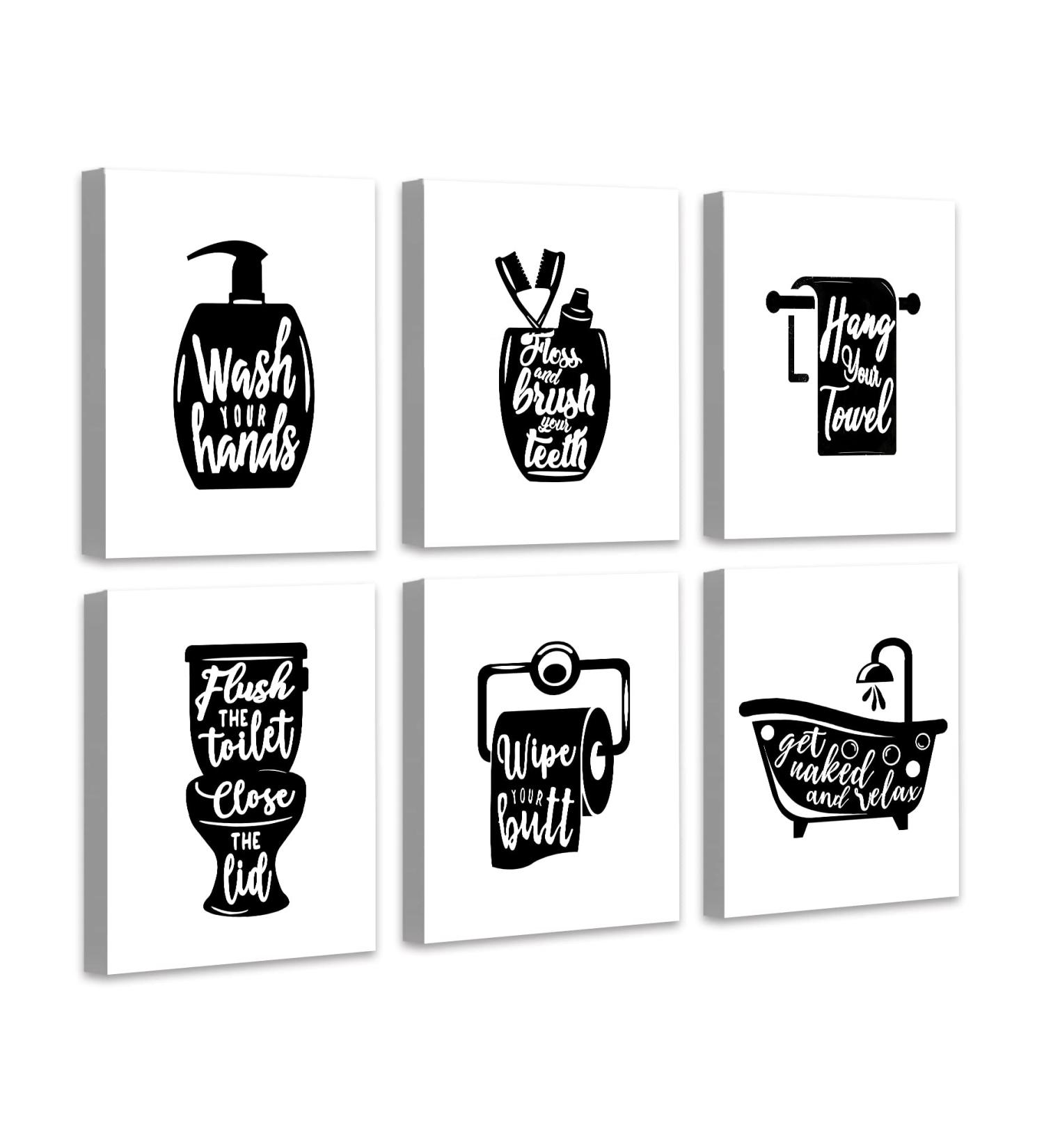 Drsoum Bathroom Decor Wall Art Prints - Set of 6 Funny Small Toilet Signs - 8x10 inch Framed - Black and White - Buy Online on GoSupps.com