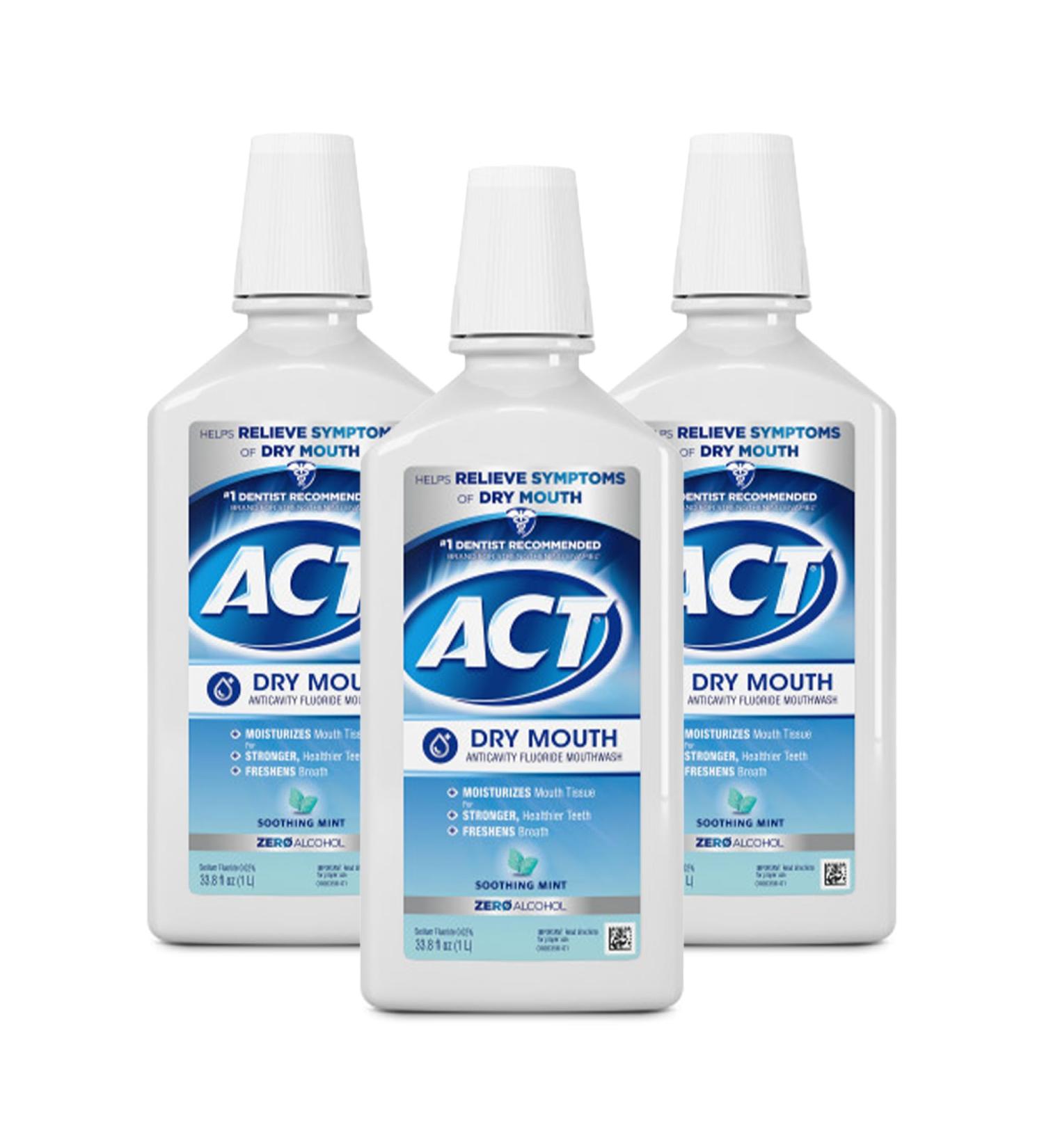 ACT Dry Mouth Anticavity Fluoride Mouthwash with Xylitol & Zero Alcohol Soothing Mint 33.8 fl. oz.(Pack of 3)