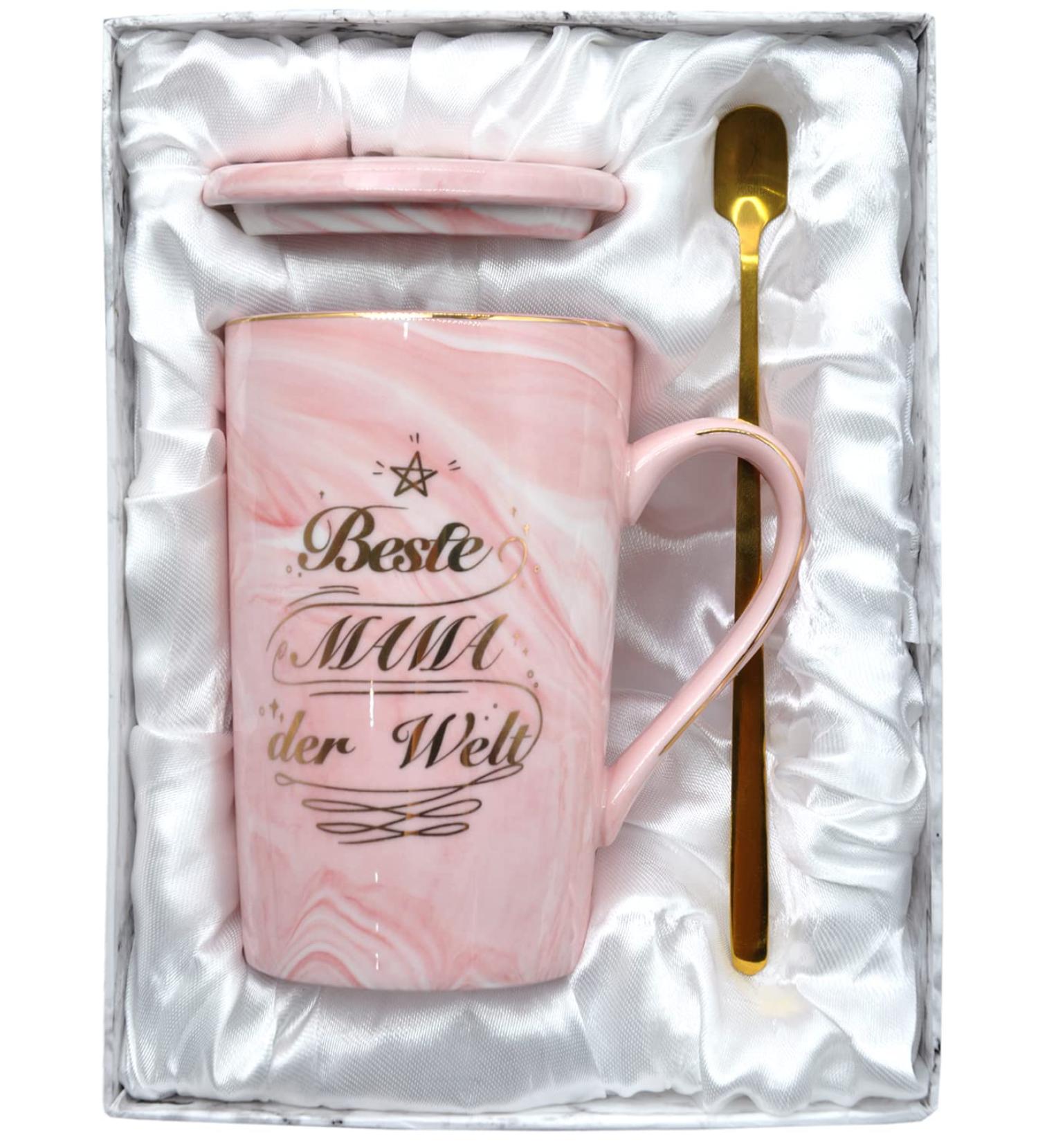 Bokalaka Mother's Day Gift - 400ml Pink Ceramic Coffee Cup with Lid & Spoon | Perfect Mom Gifts & Birthday Present | Best Mom in the World - Buy Online on GoSupps.com