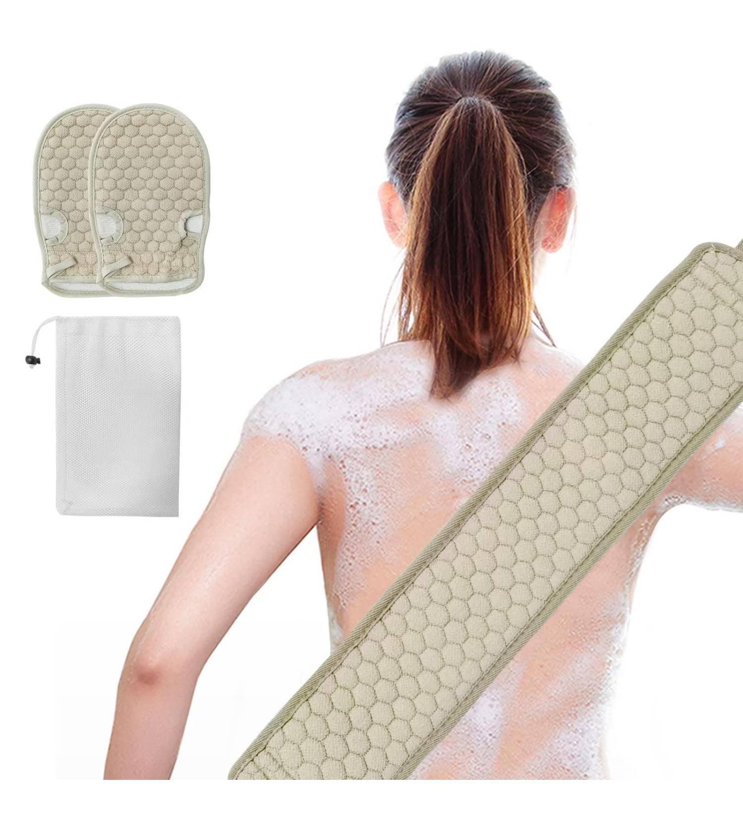 2Pcs Exfoliating Shower Gloves Set for Body | Dead Skin Remover Wash Mitt | Double Sided Exfoliating Glove with Back Scrubber | Bath Spa Massage Tool - Beige - Buy Online on GoSupps.com