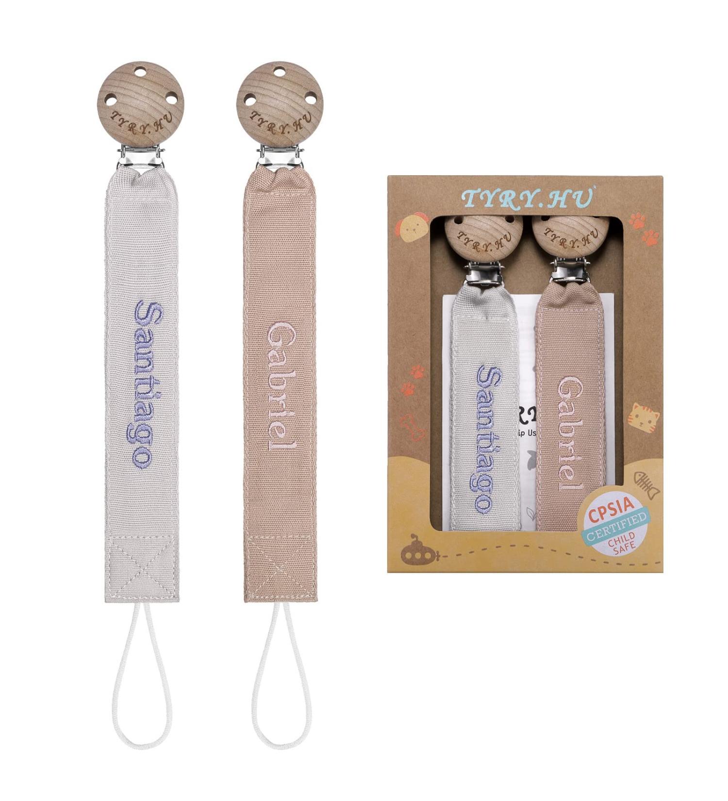 Personalized Tyry.hu Pacifier Chain for Boys & Girls - 2 Pack Gray & Khaki | Custom Name Wooden Clip Cotton Baby Gift - Buy Online on GoSupps.com