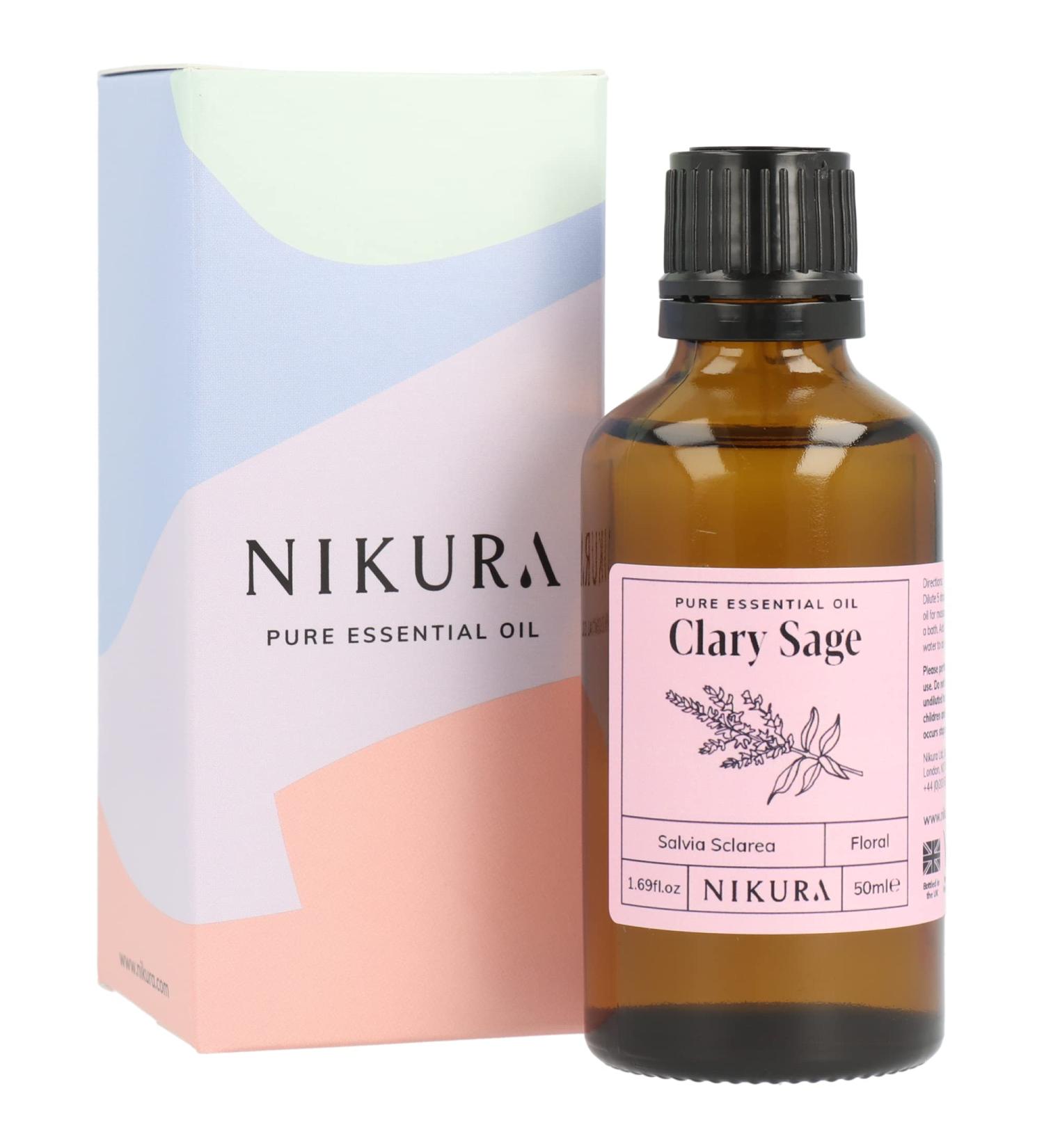 Nikura Clary Sage Essential Oil 50ml - 100% Pure Natural Oil for Aromatherapy | Vegan & UK Made - Stress Relief & Calming Benefits - Buy Online on GoSupps.com