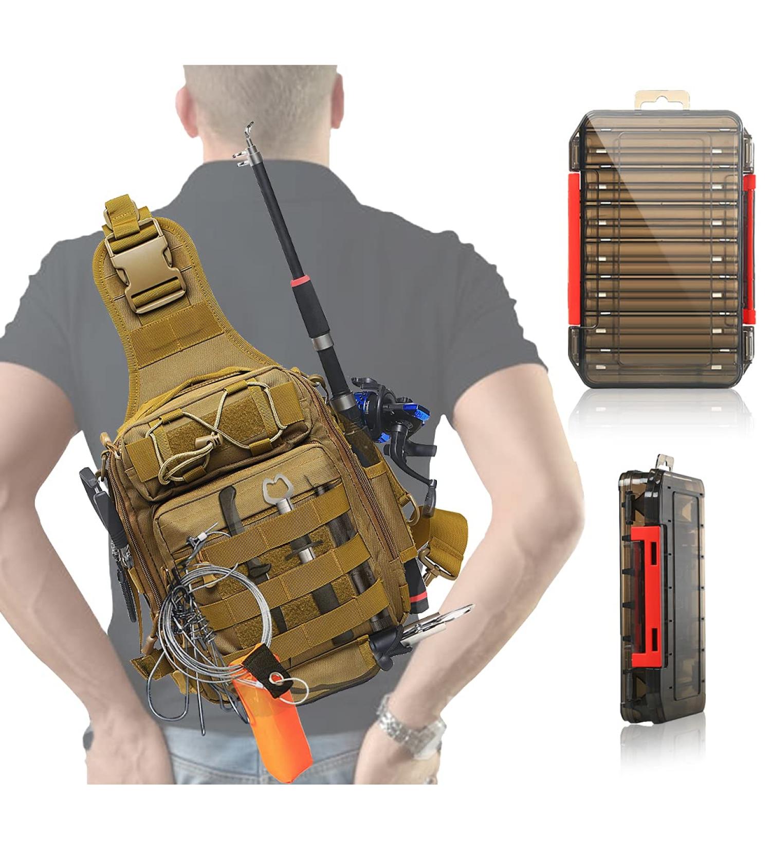 Aertiavty Compact Fishing Tackle Bag with Tackle Box and Rod Holder - Khaki | Outdoor Sport Fishing Backpack - Buy Online on GoSupps.com