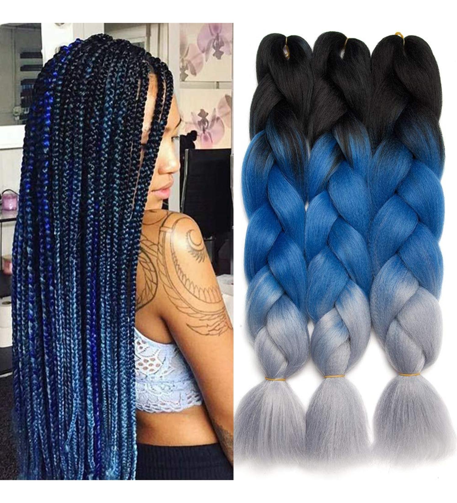 Buy Tess Braids Extensions - 60 cm Jumbo Braids Kanecalon Kunsthaar 3 Pack Ombre Hair Extensions (Black/Blue/Gray) for Box Braids - 100g per Bundle - Buy Online on GoSupps.com