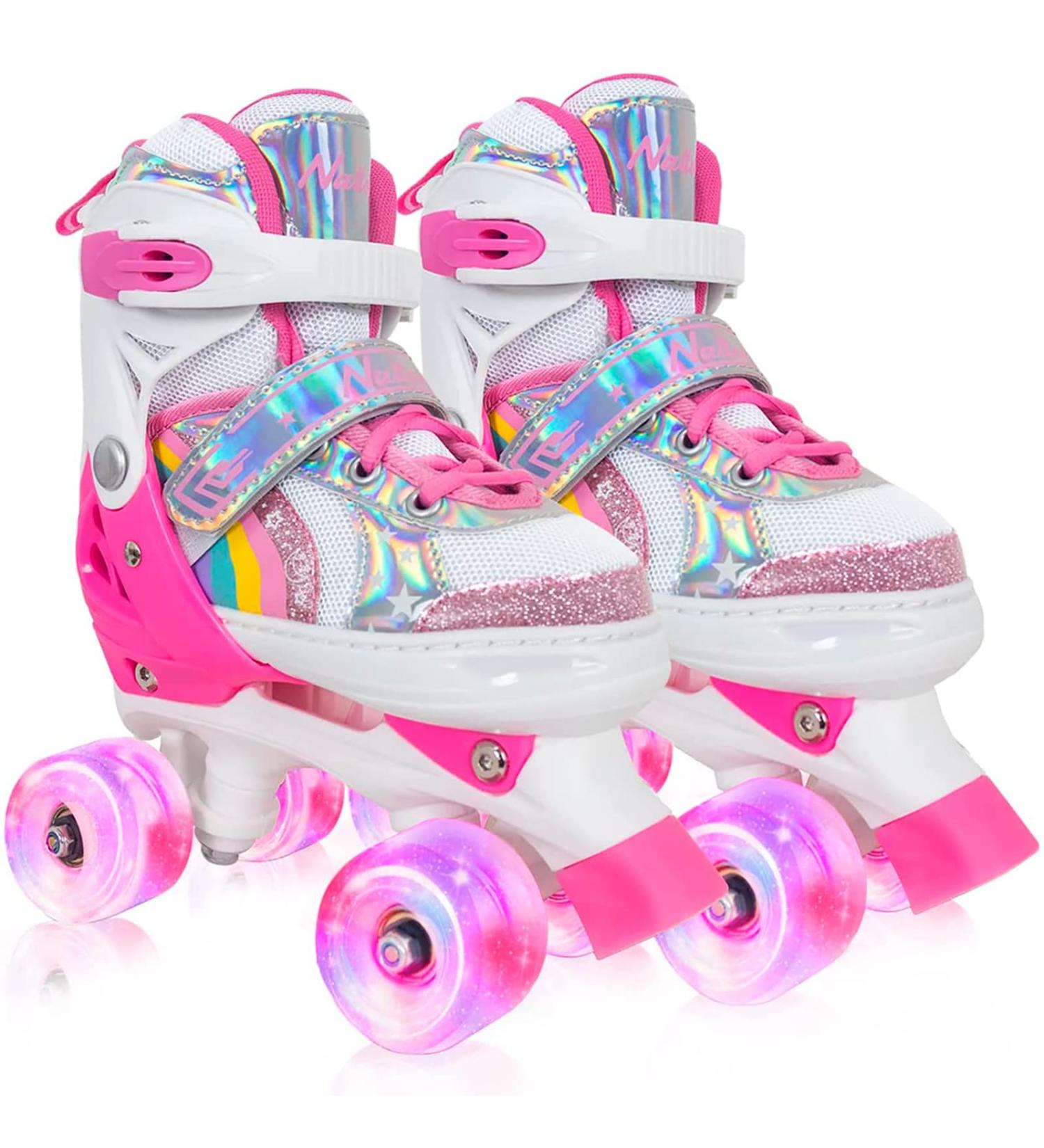 MammyGol Adjustable Roller Skates with Full Light Up Wheels for Girls | X-Small - Small - Medium Sizes | Ages 3-8 | Quad Skates in Rainbow Pink - Buy Online on GoSupps.com