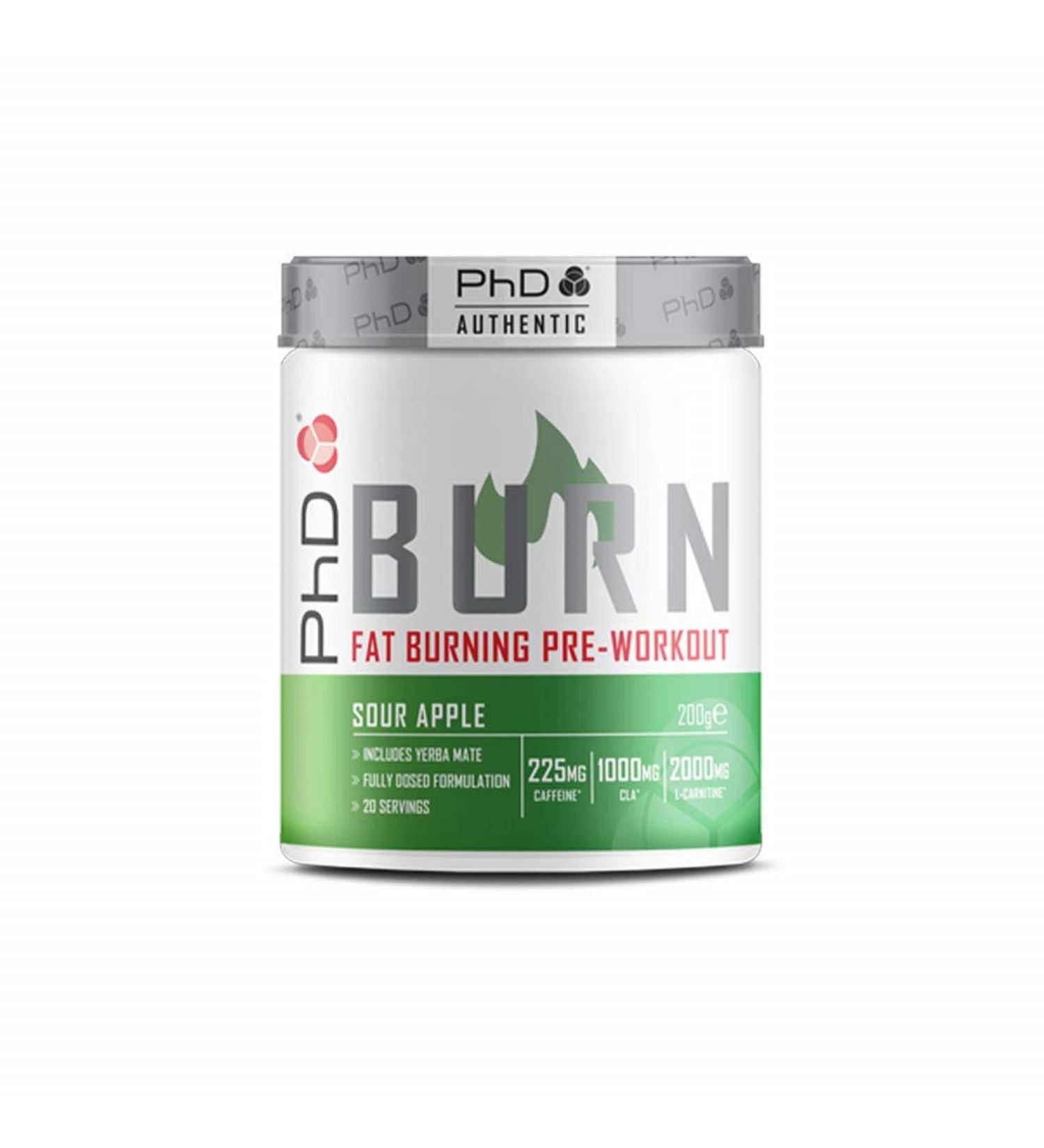 PhD Burn Pre-Workout Powder - Sour Apple Flavour, 20 Servings (200g) with Caffeine & L-Carnitine for Weight Loss - Buy Online on GoSupps.com