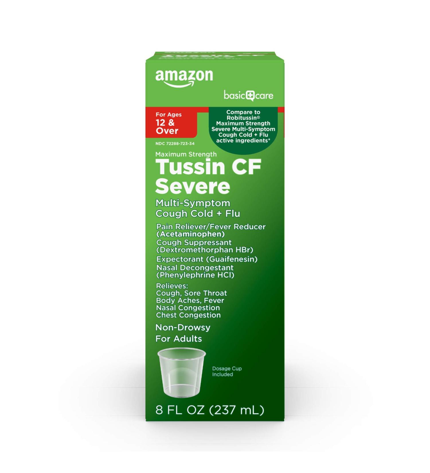 Amazon Basic Care Tussin Severe CF Max Syrup - Multi-Symptom Cough Cold Flu Medicine - Non-Drowsy Relief - 8 Fl Oz - Buy Online on GoSupps.com