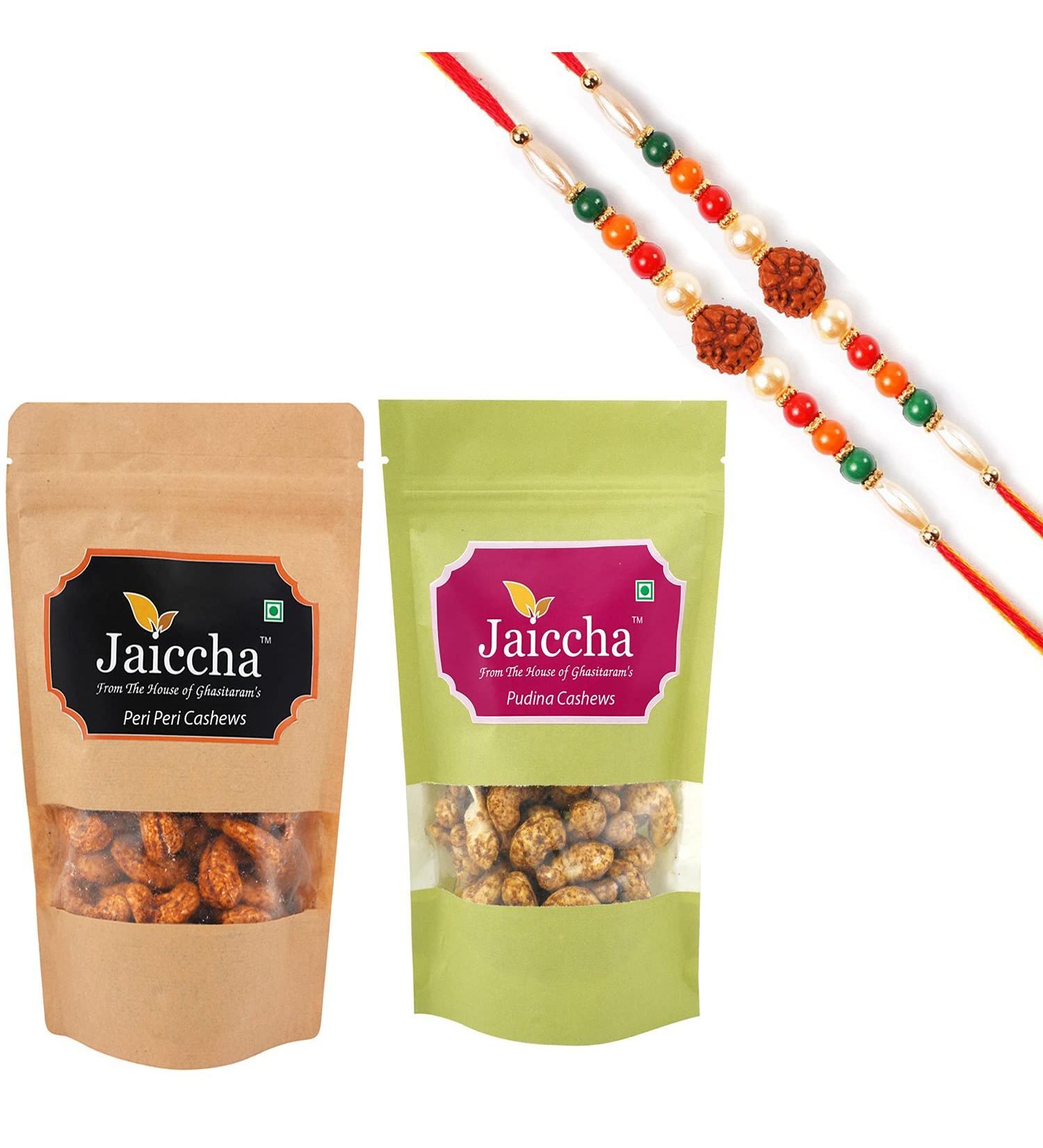 Jaiccha Ghasitaram Rakhi Gifts for Brothers Rakhi Dryfruits - Pack of 2 Peri Peri Pudina Cashews Pouches Small 200 GMS with 2 Rudraksh rakhis - Buy Online on GoSupps.com