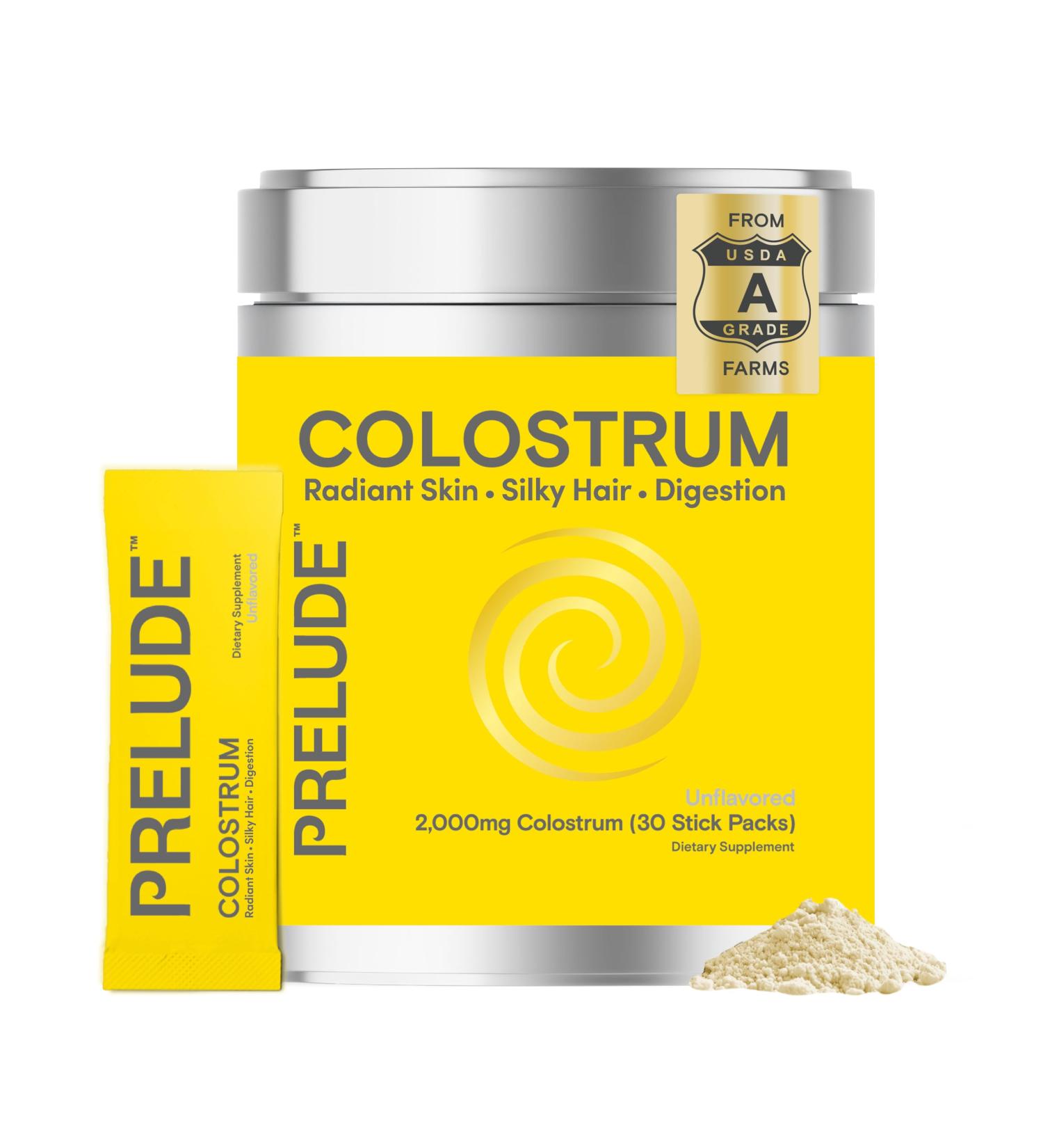 Prelude Bovine Colostrum Supplement - Grassfed Colostrum Powder Sticks for Gut Health, Immunity & Overall Wellness - Colostrum Aids Hair, Skin & Digestive Health for Women & Men - Made in USA Powder Sticks - Unflavored - Buy Online on GoSupps.com