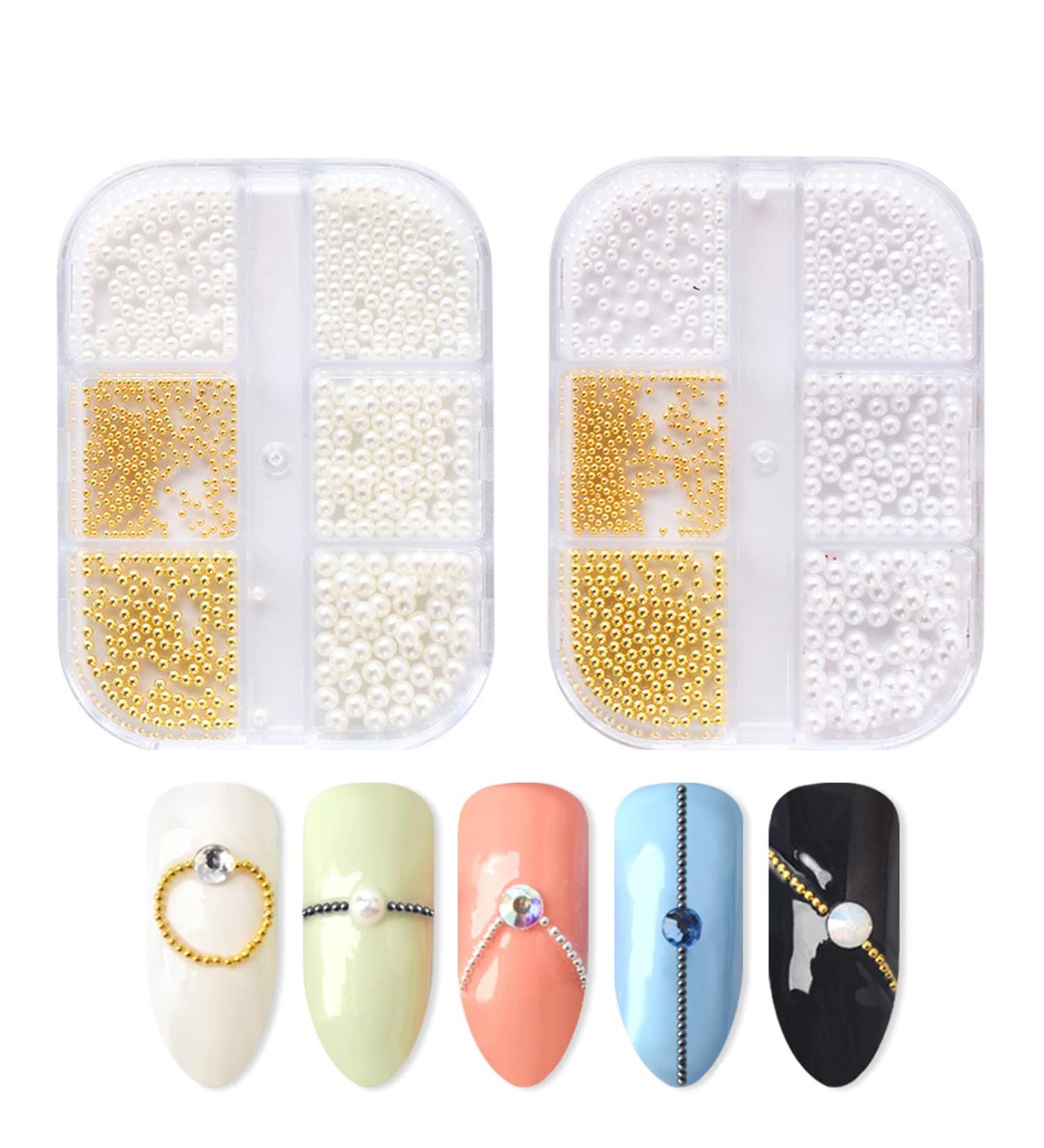 Nail Pearls & Steel Beads Set for DIY 3D Nail Art - 2 Boxes, 6 Grids Round Imitation Pearl Beads in Gold, Nail Caviar Beads for Unique Nail Decor - Nail Art Accessories - Buy Online on GoSupps.com