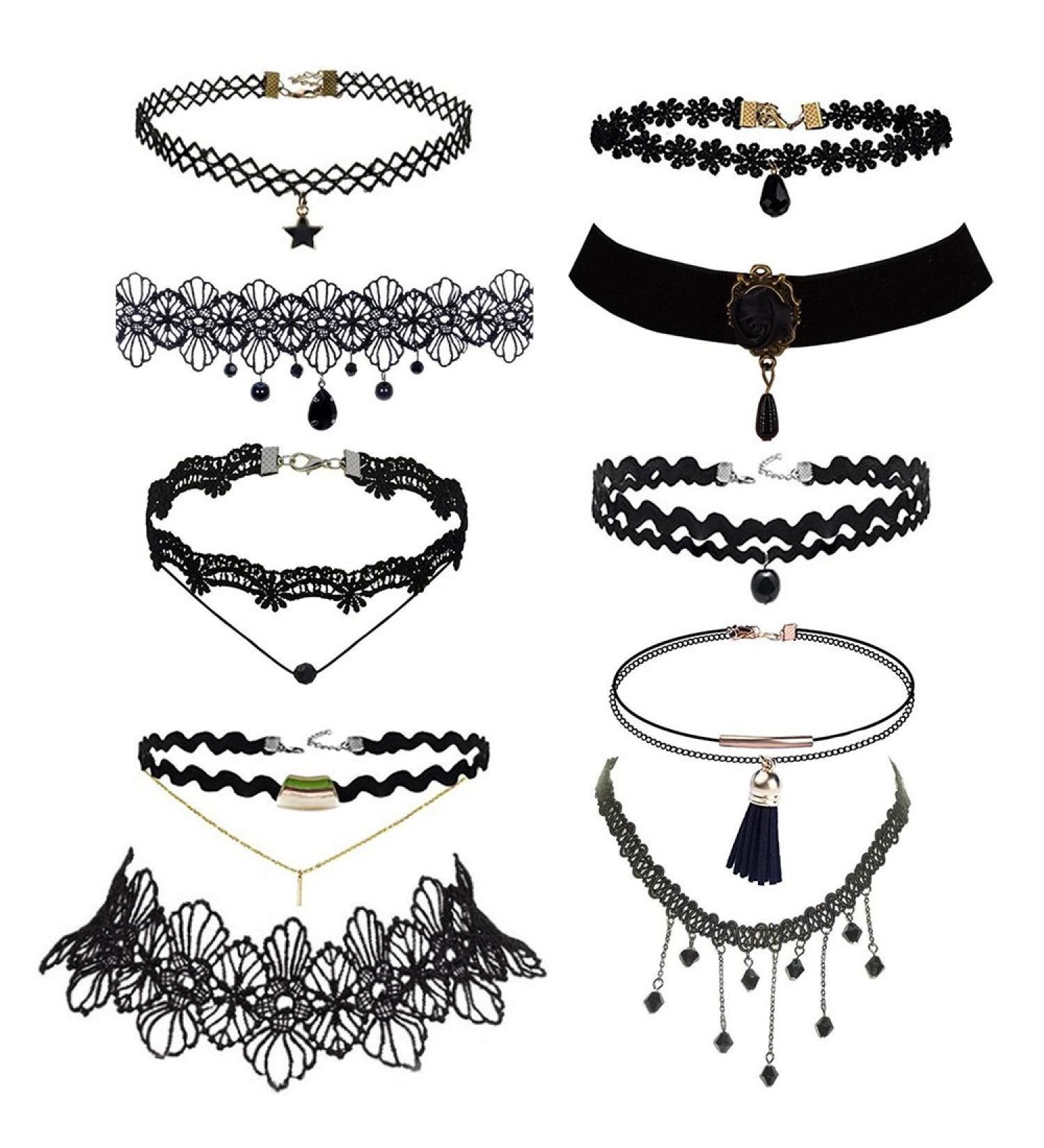 Trasfit 10-Piece Lace Choker Necklace Set for Women and Girls - Classic Velvet Stretch, Punk Gothic Tattoo Lace - 10 Styles #1 - Buy Online on GoSupps.com