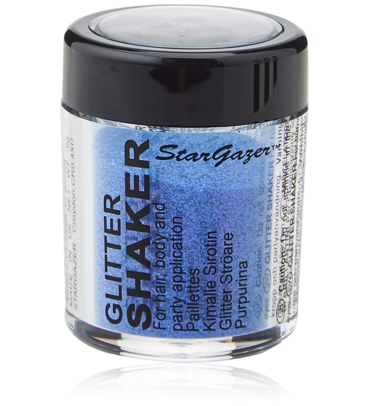 Stargazer UV Glitter Shaker Purple. Cosmetic glitter powder for use on the eyes lips face body hair and nails.