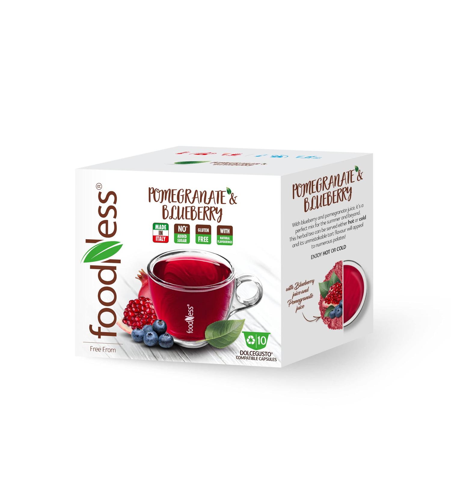  Foodness FoodNess - Pomegranate and blueberry capsules compatible with Dolce Gusto gluten-free drink with a herbaceous and citrusy taste (1 box 10 capsules) - Buy Online on GoSupps.com