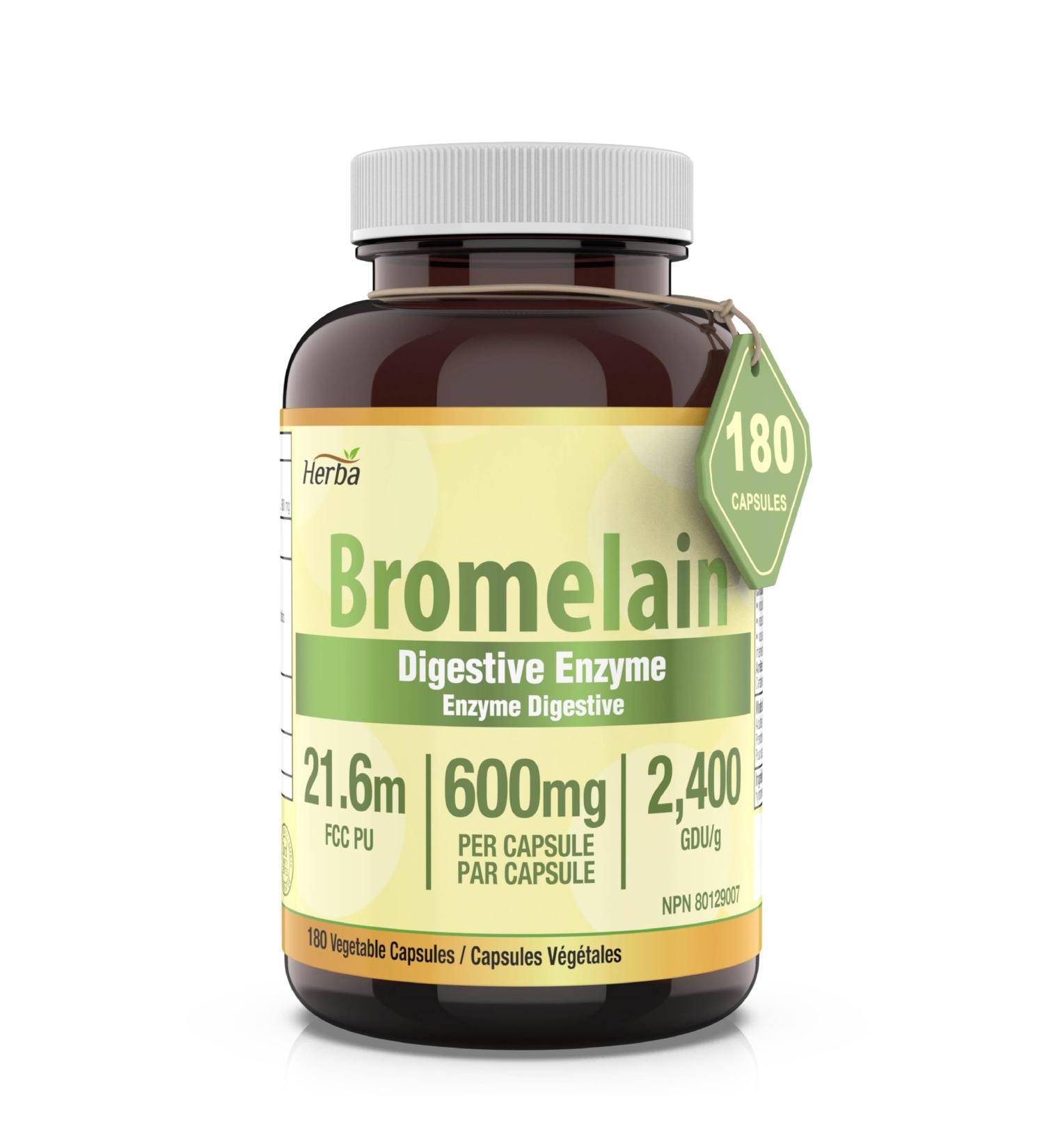Herba Bromelain Supplement 600mg 180 Capsules | 2 400 GDU/g Max Potency | Powerful Digestive Enzymes for Women and Men | Made in Canada - Buy Online on GoSupps.com