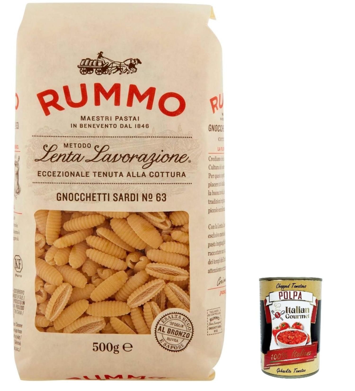  Italian Gourmet E.R. Rummo Gnocchetti Sardi No. 63 Pasta Lenta Lavorazione Durum Wheat Semolina Pasta 500 g Bronze Design + Italian Gourmet Pulp 400 g Pack of 20 - Buy Online on GoSupps.com