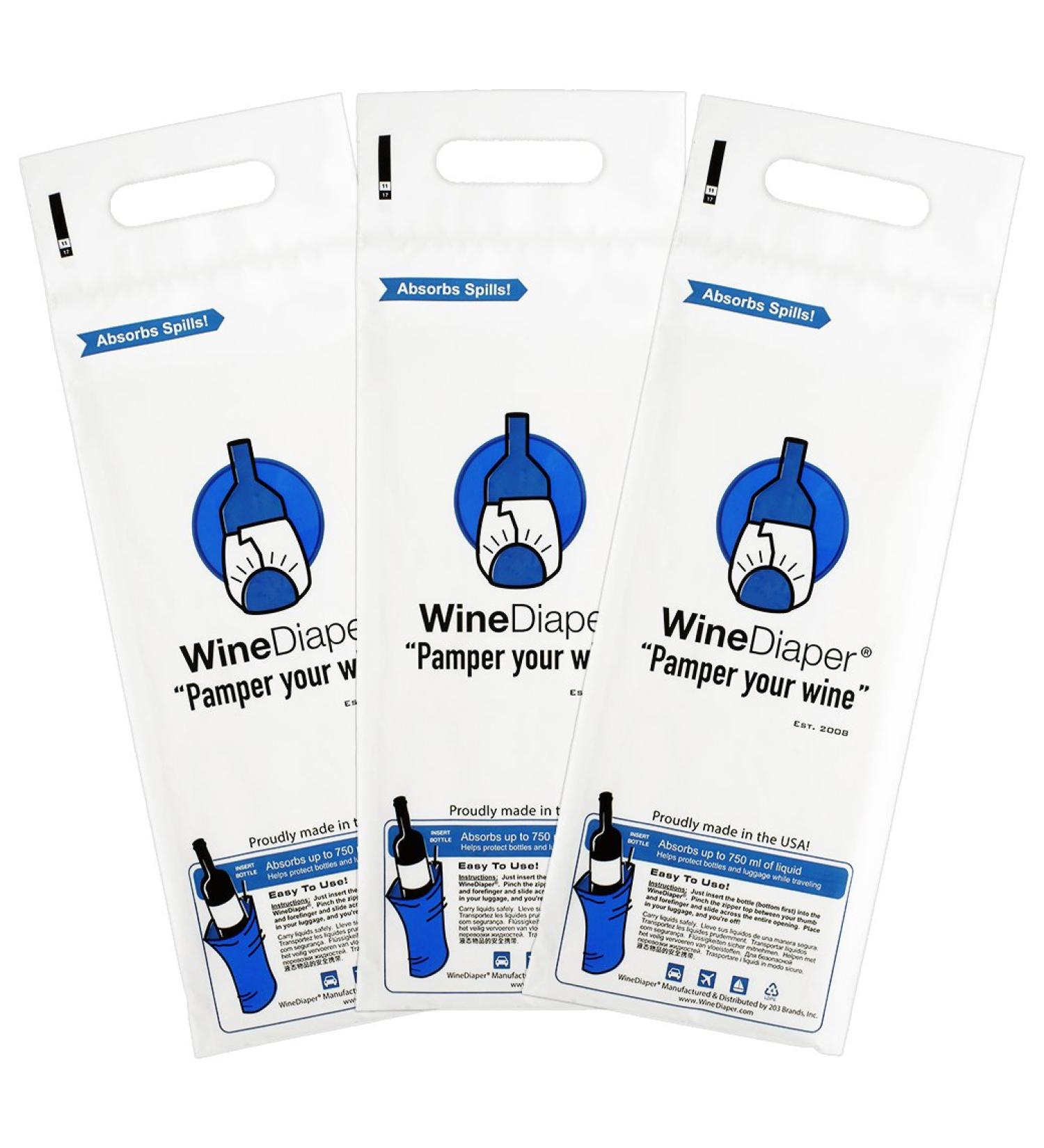 Wine Diaper - Reusable Travel Wine Bottle Bags (3 Pack) | Protective & Absorbent | Made in USA - Buy Online on GoSupps.com