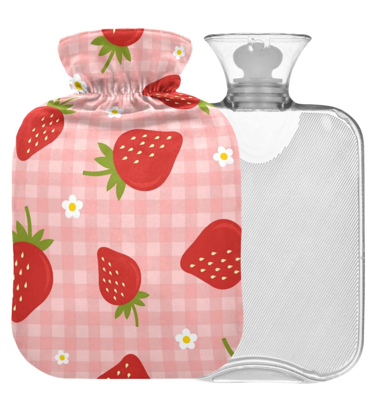 Naanle Checked Flower Strawberries 1L Heat Bottle with Cover - Transparent Hot Water Bottle for Pain Relief & Warmth Ideal for Bed Hands & Feet Therapy - Buy Online on GoSupps.com