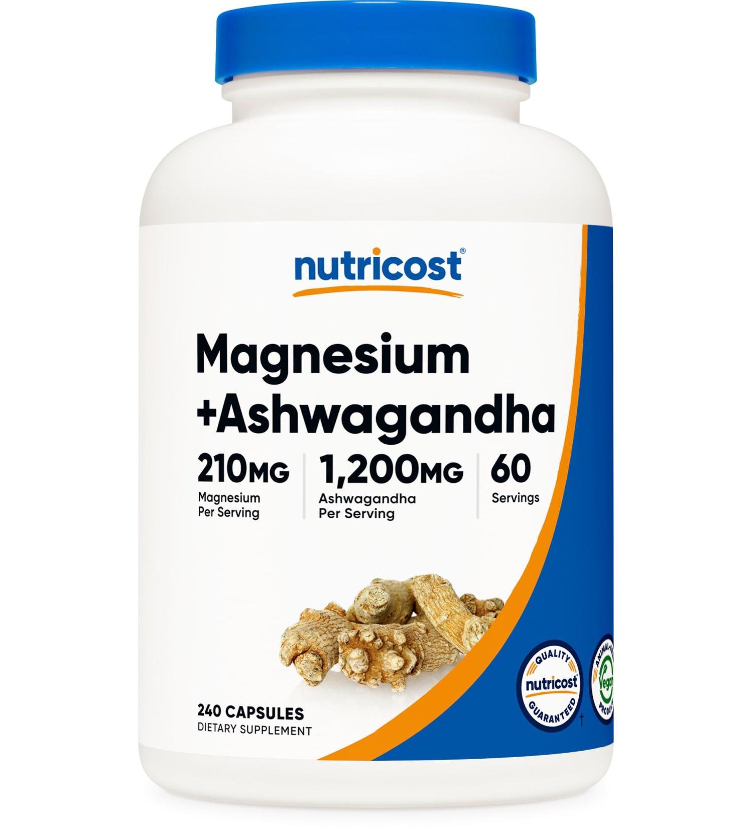 Nutricost Magnesium + Ashwagandha Supplement (1410mg) 240 Capsules - 210mg of Magnesium 1 200mg of Ashwagandha Vegan 60 Servings - Buy Online on GoSupps.com
