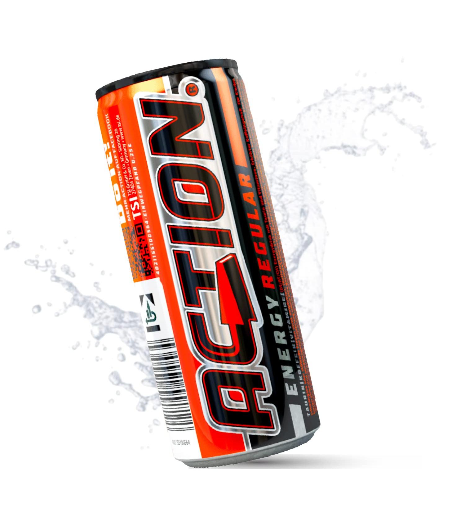  ACT!ON ACTION Energy Drink Regular 24 x 250 ml Disposable Tutti-Frutti Taste Cans 31.5 mg/100 ml Caffeine - For Better Caffeine Concentration - Buy Online on GoSupps.com
