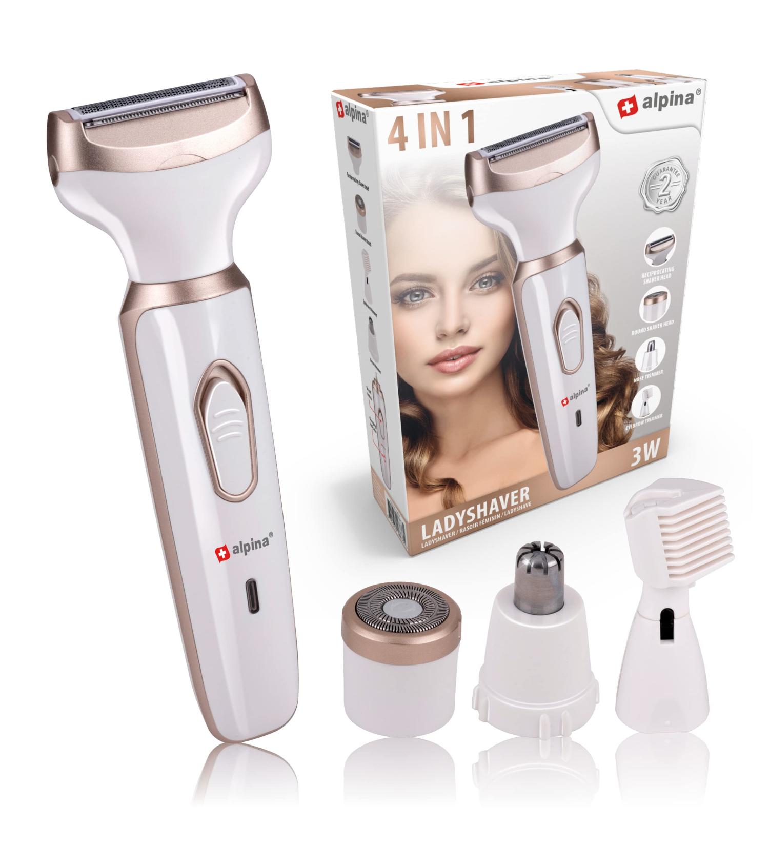 Alpina Women's Multifunctional Razor - Electric Body & Face Trimmer with Eyebrow Attachment - USB Rechargeable - White/Gold - Buy Online on GoSupps.com